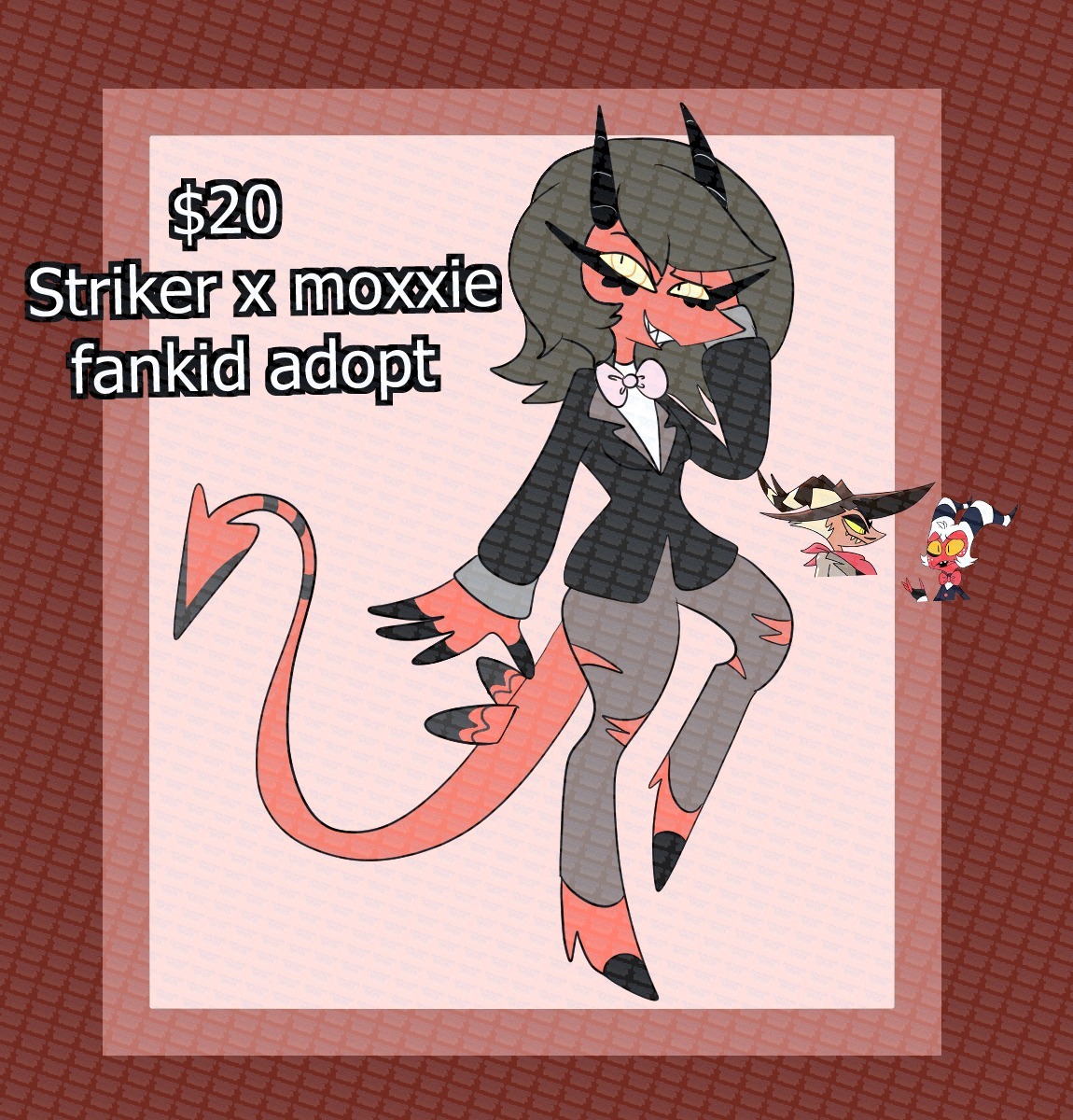 xFeatherSketchx's tweet photo. y'all I still got this striker x Moxxie Fankid adopt if anyones interested. she's $20.
#helluvaboss #helluvabossoc #helluvabossfanart #helluvabossadopt #helluvabossadoptable https://t.co/dHwIx92Dfu