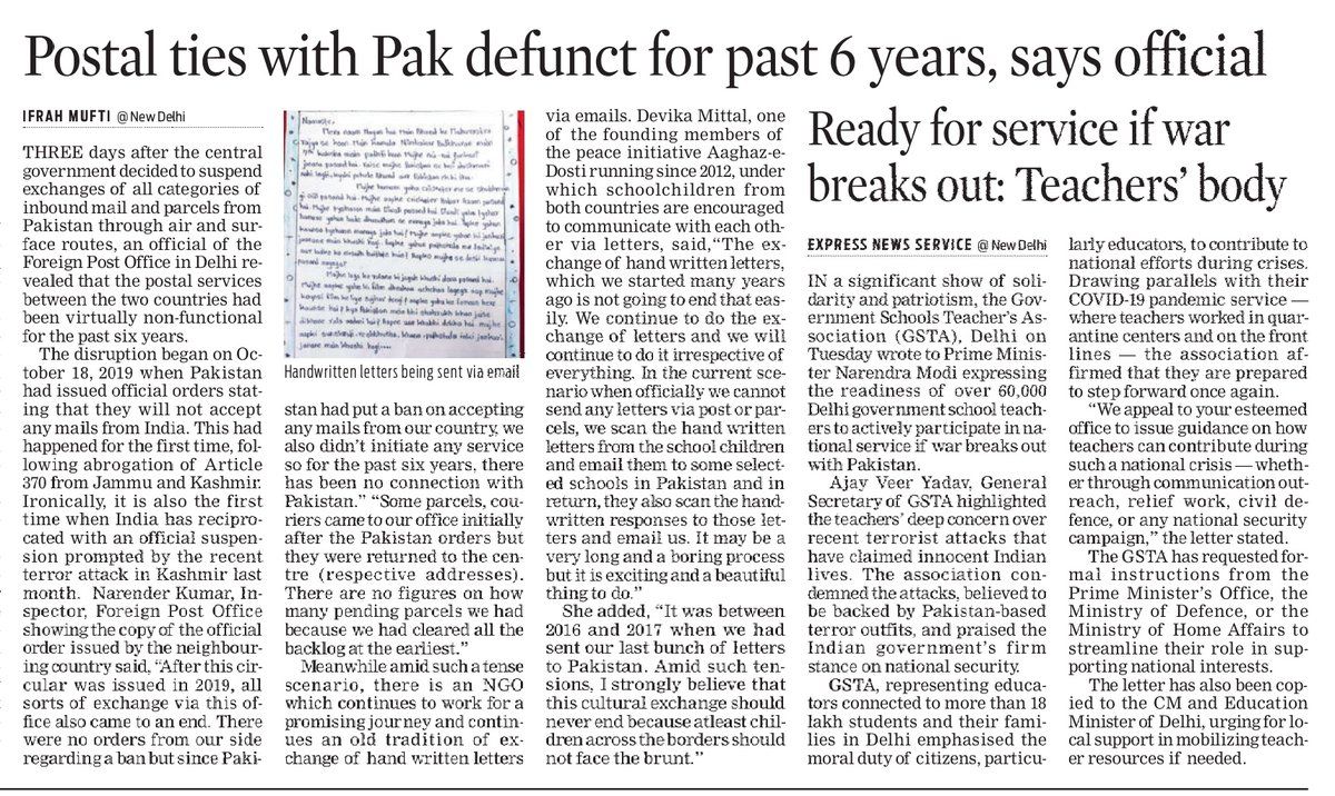 The Foreign Post Office in Delhi reveals that the postal services between #India &amp; #Pakistan had been virtually non-functional for the past six years. The disruption began on October 18, 2019 following the abrogation of Article 370. Since then no exchange took place. <a href="/santwana99/">santwanabhattacharya</a>