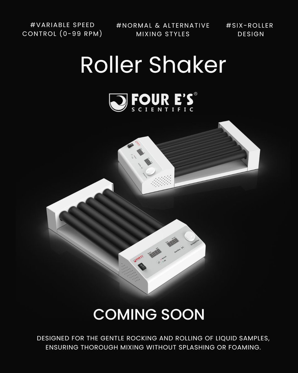 FourEScientific's tweet photo. 🚀 Coming Soon: Roller Shaker
Mixing samples shouldn’t look like a soda explosion. Ours doesn’t. 👏 
The Roller Shaker is designed for the gentle rocking and rolling of liquid samples, ensuring thorough mixing without splashing or foaming 
https://t.co/0q5YGEXGiN 
#LabInnovation https://t.co/m4pwq8PRC9