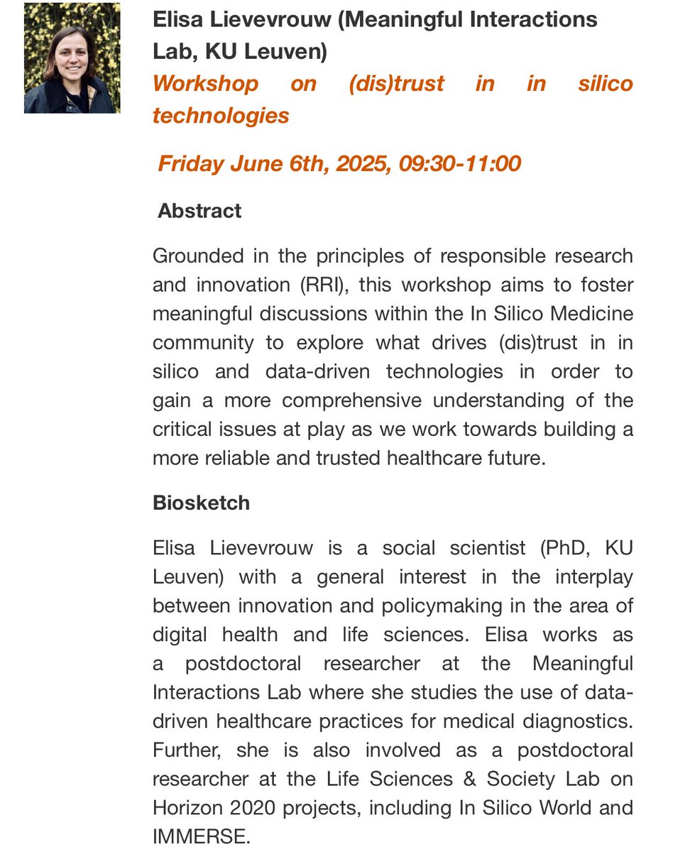 Disc4All EU Project (@disc4all_eu) on Twitter photo 8th Barcelona VPH Institute Summer School, JUNE 2-6, 2025 at Universitat Pompeu Fabra!
✍️ Register here: lnkd.in/d2aifhdC
🗓️Deadline: 19/05/25
🗣️ Elisa Lievevrouw  (Meaningful Interactions Lab, KU Leuven)
👉#Workshop on (dis)trust in #insilico technologies 8th Barcelona VPH Institute Summer School, JUNE 2-6, 2025 at Universitat Pompeu Fabra!
✍️ Register here: lnkd.in/d2aifhdC
🗓️Deadline: 19/05/25
🗣️ Elisa Lievevrouw  (Meaningful Interactions Lab, KU Leuven)
👉#Workshop on (dis)trust in #insilico technologies
