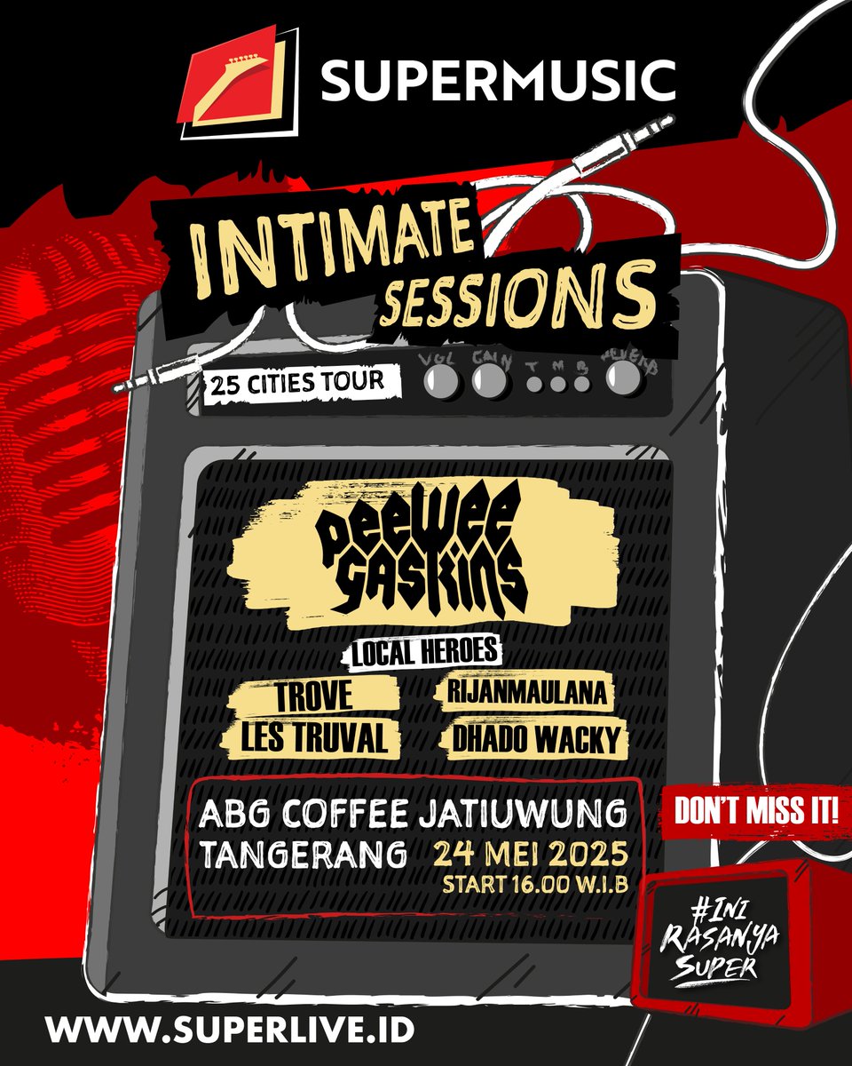 SUPERMUSIC (@supermusic_id) on Twitter photo Tangerang ini waktunya lo buat bersenang-senang! Karena Intimate Sessions sampe juga ke kota lo.
<a href="/PWGofficial/">Pee Wee Gaskins</a> bakal bawa energi lewat Acoustic Set, yang dibuka sama Local Heroes Trove dan <a href="/lestruval/">Les truval</a>. Serta dua visual artist yang bakal kolaborasi Rijan Maulana dan <a href="/dhado_wacky/">dhado wacky</a>. Tangerang ini waktunya lo buat bersenang-senang! Karena Intimate Sessions sampe juga ke kota lo.
<a href="/PWGofficial/">Pee Wee Gaskins</a> bakal bawa energi lewat Acoustic Set, yang dibuka sama Local Heroes Trove dan <a href="/lestruval/">Les truval</a>. Serta dua visual artist yang bakal kolaborasi Rijan Maulana dan <a href="/dhado_wacky/">dhado wacky</a>.