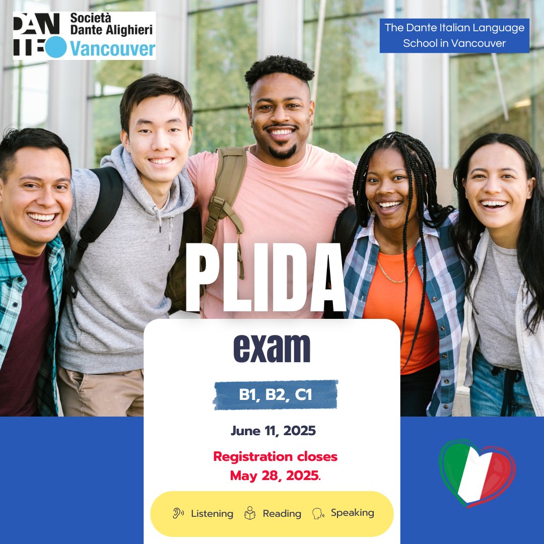 🇮🇹✨ Spots Still Available for the PLIDA Exam! ✨🇮🇹

📅 Exam Date: June 11, 2025
📍 Location: Italian Cultural Centre, Vancouver
📝 Levels Offered: B1, B2, C1
⏳ Register by: May 28, 2025

✅ There's still time to register—secure your spot today!
🔗 dantesocietybc.ca/plida-certific…
