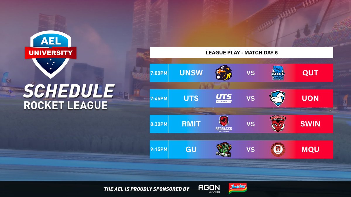 Australian Esports League (@auesportsleague) on Twitter photo Week 6 of the AEL University Elite Series rolls on with Rocket League!
π΄ Live from 6:45PM AEST
πΊ twitch.tv/auesportsleague
ποΈ <a href="/formalcasting/">max vonneumann</a> & <a href="/QueenMorgie_/">QueenMorgie</a>
π¬ <a href="/BkWhatOCE/">Bk</a> & <a href="/4ngrymanRL/">4ngryman</a>
Match Schedule
7PM <a href="/UNSW_ESports/">UNSW ESports Club</a> vs <a href="/qutesports/">QUT Esports</a>
7:45PM <a href="/UTSEsports/">UTS Esports</a> vs <a href="/uonesportsclub/">University of Newcastle Esports Club</a>
8:30PM Week 6 of the AEL University Elite Series rolls on with Rocket League!
π΄ Live from 6:45PM AEST
πΊ twitch.tv/auesportsleague
ποΈ <a href="/formalcasting/">max vonneumann</a> & <a href="/QueenMorgie_/">QueenMorgie</a>
π¬ <a href="/BkWhatOCE/">Bk</a> & <a href="/4ngrymanRL/">4ngryman</a>
Match Schedule
7PM <a href="/UNSW_ESports/">UNSW ESports Club</a> vs <a href="/qutesports/">QUT Esports</a>
7:45PM <a href="/UTSEsports/">UTS Esports</a> vs <a href="/uonesportsclub/">University of Newcastle Esports Club</a>
8:30PM