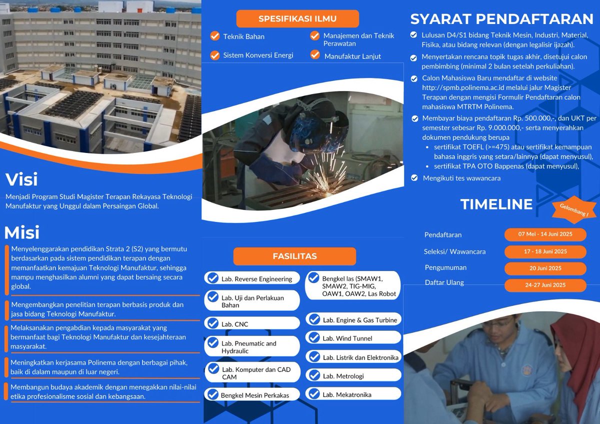 *DIBUKA PENDAFTARAN*

Penerimaan mahasiswa baru Program S2 Rekayasa Teknologi Manufaktur Politeknik Negeri Malang tahun 2025/2026

Tunggu apalagi, come and join us!
Registrasi di: spmb.polinema.ac.id

#polinema #polinemaJOSS