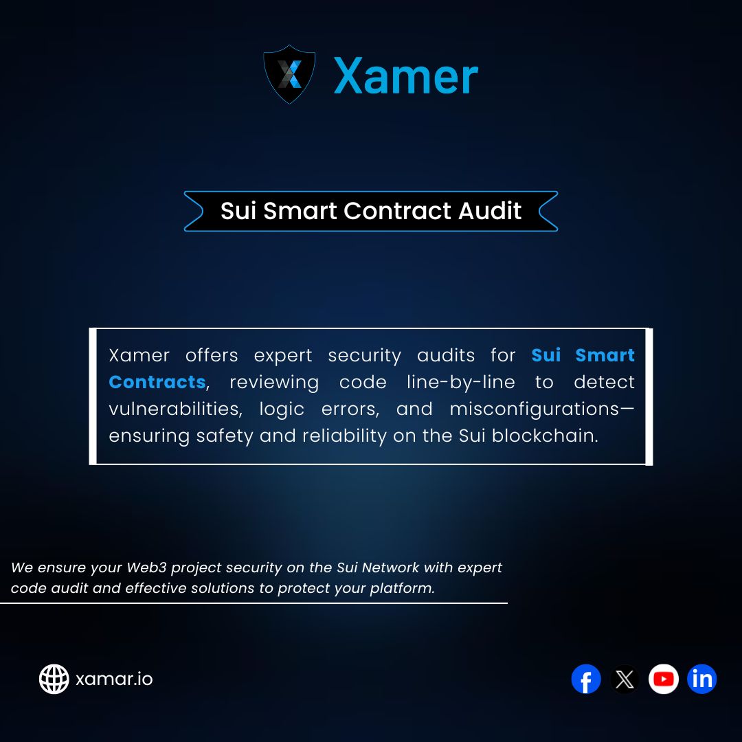 ✅Ensure the safety of your Sui smart contracts📜 with Xamer!🛡️ Our expert team #reviews your #code for vulnerabilities, logic errors, and misconfigurations to keep your project secure and reliable. 💻🔍 #blockchain #smartcontracts #sui