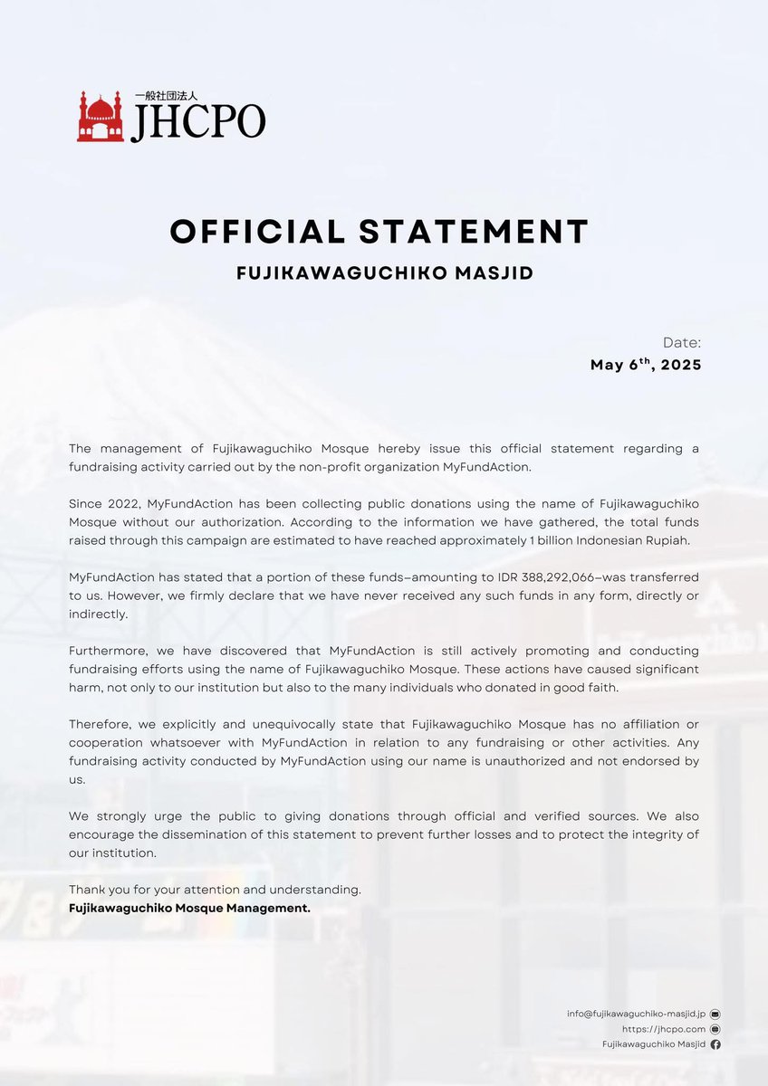 nizamiks's tweet photo. Fujikawaguchiko Masjid keluarkan statement mengenai @MyFundAction.

Mereka tak dapat pon donation yang dikatakan utk masjid.

Let‘s wait for their answer.. https://t.co/elb5vegTYs