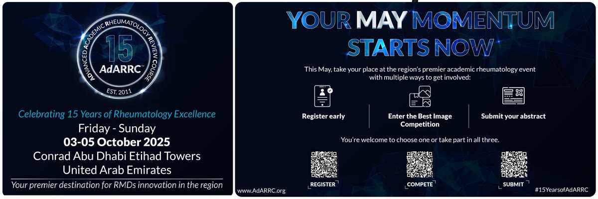 Your May Momentum starts now!

3 ways to be part of the region’s top academic rheumatology event:

Register early
Submit your abstract
Join the Best Image Competition

Choose to be a part of all three opportunities.
#15YearsofAdARRC
#Rheumatology
#MedicalEducation