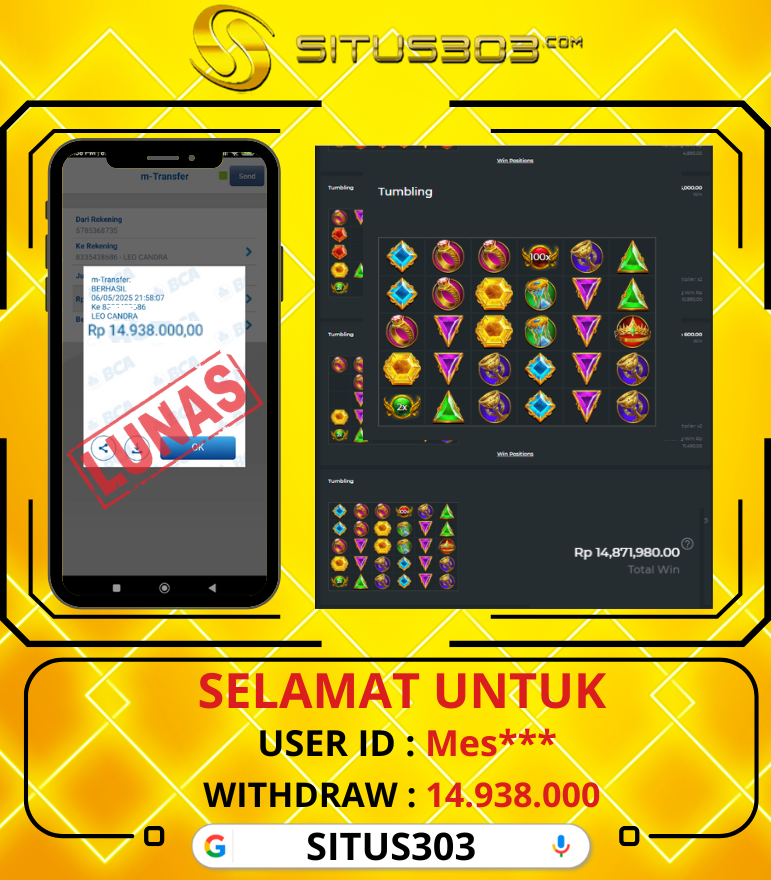 303situs's tweet photo. ✨ HOKI MENANTI ANDA DI SITUS303 ✨
ayo tunggu apa lagi? hoki jangan di nanti nanti 
coba keberuntungan kamu di SITUS303

Selamat kepada ID : Wi***36 telah berhasil withdraw sebesar Rp. 14.938.000,00 di game 
***Gates of Olympus***
#situs303 #buktikemenagan #slotgacor https://t.co/liqp9KEfyi