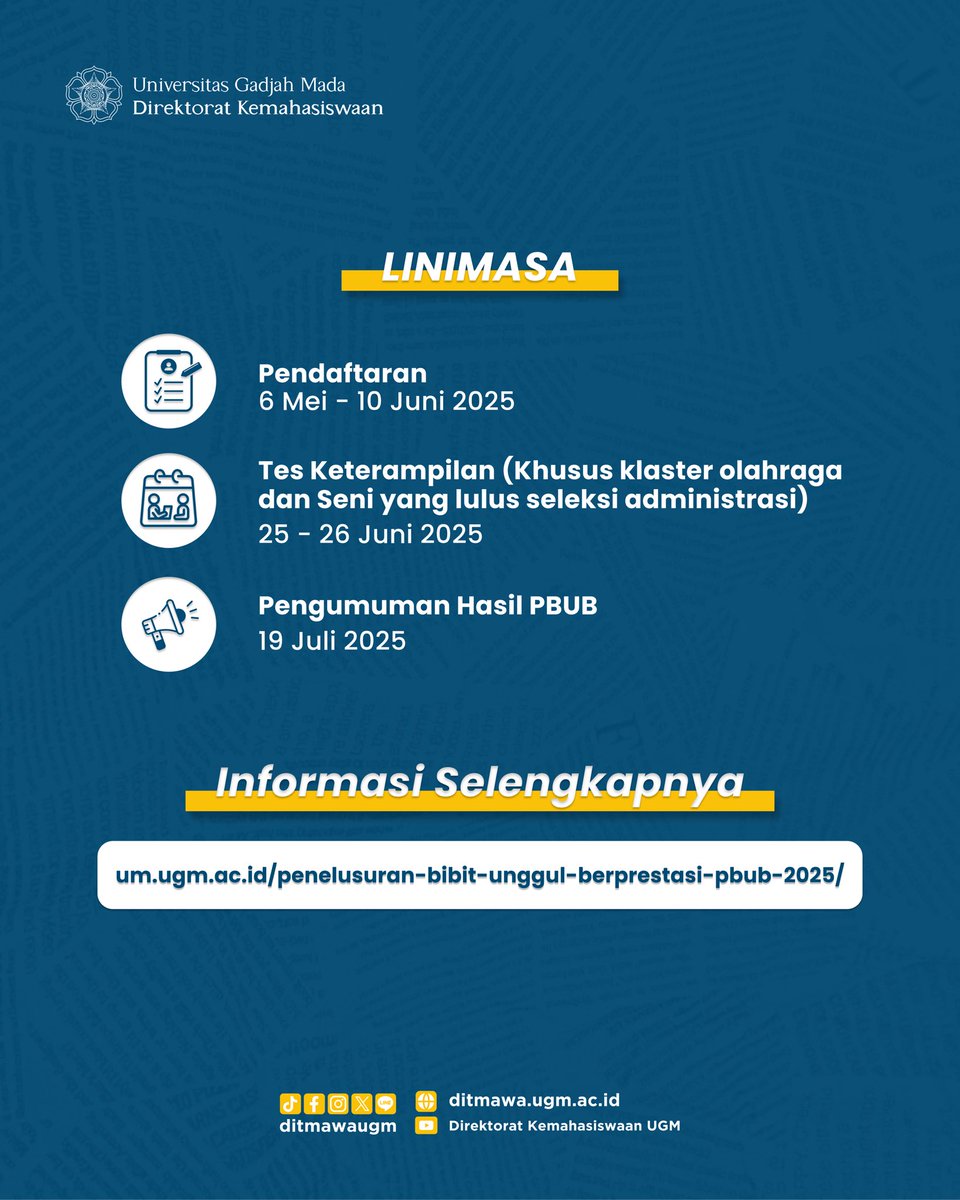 Siapa nih yang udah nungguin pendaftaran mahasiswa baru Jalur PBUB UGM 2025?
Yesss! Pendaftaran resmi dibuka 6 Mei sampai 10 Juni 2025 pukul 15.00 WIB ⏰

Yuk, buruan persiapkan berkas dan prestasi terbaikmu! Jangan sampai kelewatan, yaa 👀🔥
Info lengkapnya bisa dicek langsung