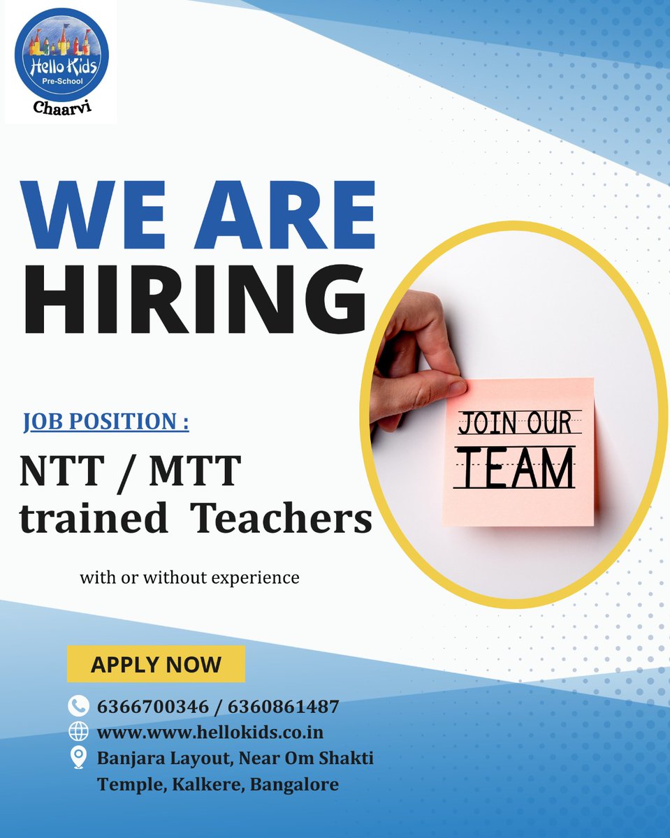 HKChaarvi's tweet photo. 🌟 Join Our Team! 🌟
We're hiring NTT/MTT trained teachers!
📍 Banjara Layout, Kalkere, Bangalore
📞 6366700346 | 6360861487
🌐 https://t.co/7LUKoKdRUP
Inspire young minds with us! 💫
.
.
.
#HelloKidsChaarvi #BangaloreJobs #TeacherJobs #NTTJobs #MTTJobs #HiringTeachers #Preschool https://t.co/8gCFybBso6