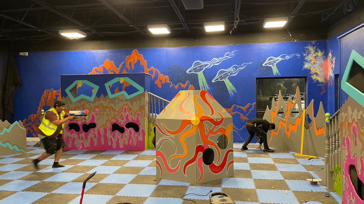 CoryTheCreative's tweet photo. Today’s Leesburg mural progress update in #Florida #Artwork #Blastzone #Driftzone #mural #art #handpainted #artist #handdrawn #landscape #timelapse #partyzone #vipzone #dinosaur #outerspace #leesburg #florida #partytime #nerf #rival #xwing #SpaceX #MLKblvd #streetart #leesburg https://t.co/N0X7MTYKfU