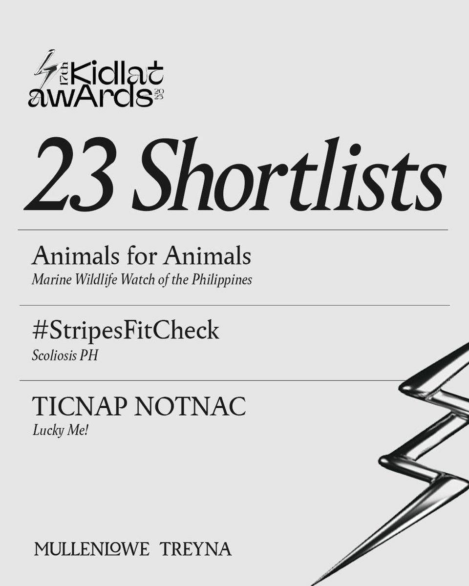 ⚡️⚡️⚡️⚡️⚡️⚡️⚡️⚡️⚡️⚡️⚡️⚡️⚡️⚡️⚡️⚡️⚡️⚡️⚡️⚡️⚡️⚡️⚡️Count ‘em. Excited for the big results this Friday!

Kidlat Awards 2025 🏆
23 Shortlisted entries:

Lucky Me! Ticnap Notnac 🍜
🏆 Craft - Audio: Best Sonic Branding
🏆 Creativity in Engagement - PR
🏆 Creativity in Entertainment -