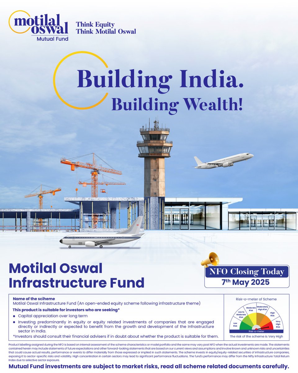MotilalOswalAMC's tweet image. Last chance to invest! The Motilal Oswal Infrastructure Fund NFO closes TODAY – 7th May 2025.

Build wealth by investing in India’s infrastructure growth!

Invest now: tinyurl.com/3cb43duw

#MotilalOswalAMC #InfrastructureFund #SmartIndia #MutualFundSahiHai #InvestSmart