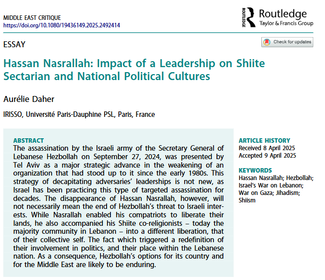 Middle East Critique (@mideastcritique) on Twitter photo And here it comes the second Essay reflecting on the legacy of Sayyed Hassan Nasrallah
๐๐๐ฌ๐ฌ๐๐ง ๐๐๐ฌ๐ซ๐๐ฅ๐ฅ๐๐ก: ๐๐ฆ๐ฉ๐๐๐ญ ๐จ๐ ๐ ๐๐๐๐๐๐ซ๐ฌ๐ก๐ข๐ฉ ๐จ๐ง ๐๐ก๐ข๐ข๐ญ๐ ๐๐๐๐ญ๐๐ซ๐ข๐๐ง ๐๐ง๐ ๐๐๐ญ๐ข๐จ๐ง๐๐ฅ ๐๐จ๐ฅ๐ข๐ญ๐ข๐๐๐ฅ ๐๐ฎ๐ฅ๐ญ๐ฎ๐ซ๐๐ฌ (Free Access)
by And here it comes the second Essay reflecting on the legacy of Sayyed Hassan Nasrallah
๐๐๐ฌ๐ฌ๐๐ง ๐๐๐ฌ๐ซ๐๐ฅ๐ฅ๐๐ก: ๐๐ฆ๐ฉ๐๐๐ญ ๐จ๐ ๐ ๐๐๐๐๐๐ซ๐ฌ๐ก๐ข๐ฉ ๐จ๐ง ๐๐ก๐ข๐ข๐ญ๐ ๐๐๐๐ญ๐๐ซ๐ข๐๐ง ๐๐ง๐ ๐๐๐ญ๐ข๐จ๐ง๐๐ฅ ๐๐จ๐ฅ๐ข๐ญ๐ข๐๐๐ฅ ๐๐ฎ๐ฅ๐ญ๐ฎ๐ซ๐๐ฌ (Free Access)
by