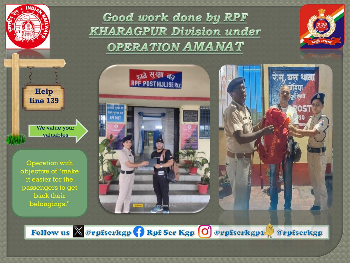 RPF KHARAGPUR DIVISION (@rpfserkgp) on Twitter photo #RPF Operation AMANAT# On 06.05.2025 Officer and staff of RPF/POST/HIJ, ULB recovered lost/left behind bag/articles total valued Rs.1,25,000/- of bonafied passenger and handed over to the owner after proper verification.
<a href="/rpfser/">RPF SER</a>
<a href="/rpfpchij/">RPF POST HIJLI</a>
<a href="/rpfpculb/">RPF POST ULUBERIA</a> #RPF Operation AMANAT# On 06.05.2025 Officer and staff of RPF/POST/HIJ, ULB recovered lost/left behind bag/articles total valued Rs.1,25,000/- of bonafied passenger and handed over to the owner after proper verification.
<a href="/rpfser/">RPF SER</a>
<a href="/rpfpchij/">RPF POST HIJLI</a>
<a href="/rpfpculb/">RPF POST ULUBERIA</a>