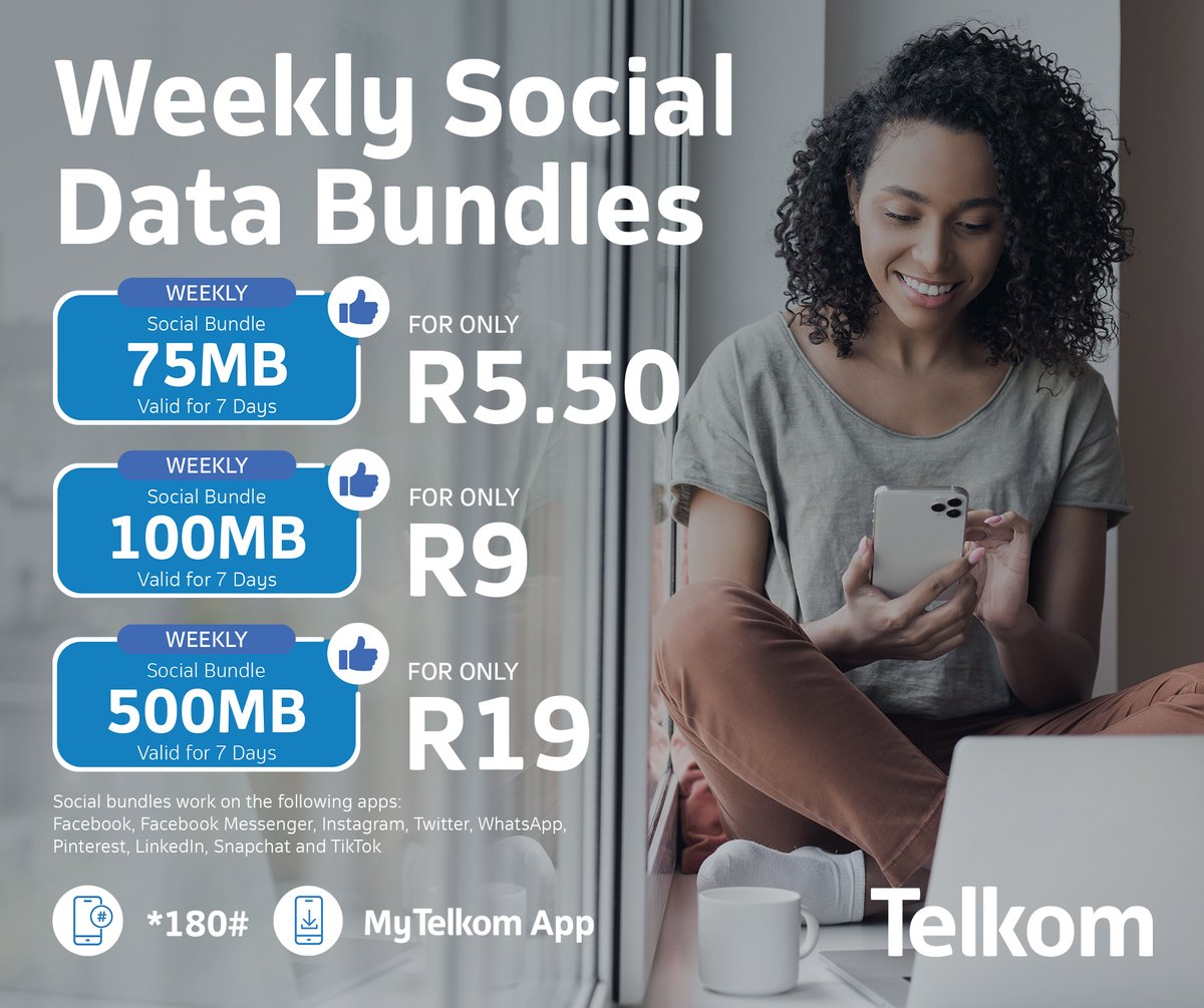 Purchase #TelkomSocialBundles and get access to Facebook, Facebook Messenger, Twitter, Instagram, LinkedIn, Pinterest, Snapchat, TikTok &amp; WhatsApp!
Dial *180# or download the MyTelkom app to load.
