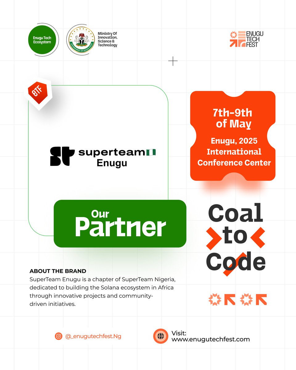 Enugu_techfest's tweet image. We are proud to announce @SuperteamNG SuperTeam Enugu as a proud partner for Enugu Tech Fest 2025.

From Coal to Code, we’re building Africa’s tech future together.

Join us today 7th–9th May at the Enugu International Conference Center.

#etf2025 #CoalToCode