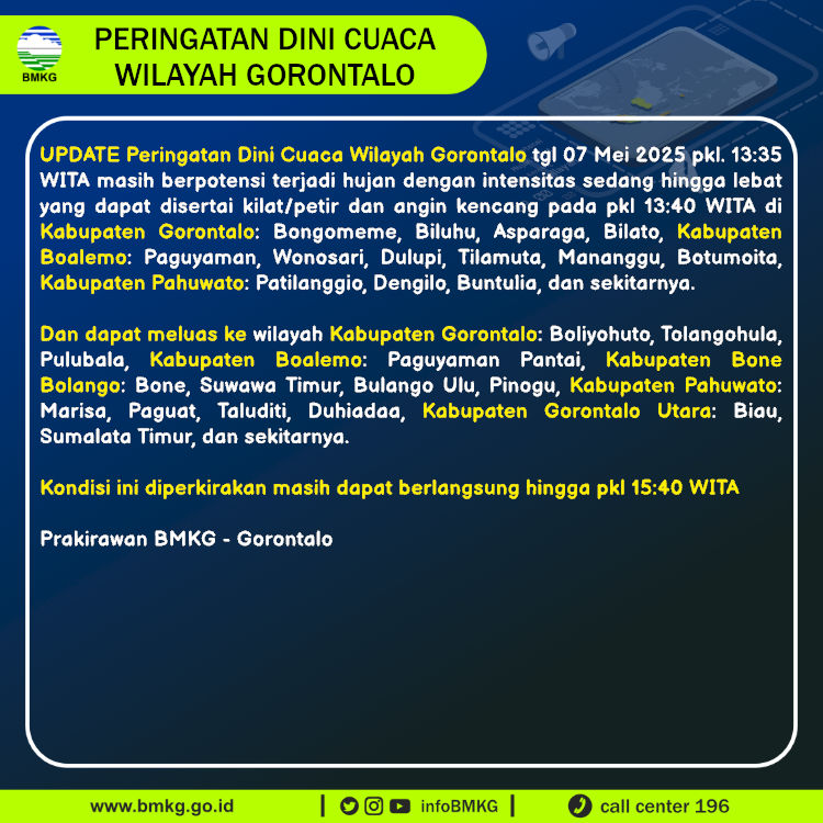 infoBMKG's tweet photo. Update Peringatan Dini Cuaca Wilayah - Gorontalo Tgl. 07 Mei 2025 pkl. 13:40 WITA
Prakirawan - BMKG - Gorontalo 
https://t.co/8wSKmyK91d https://t.co/B6ISN9ca3A