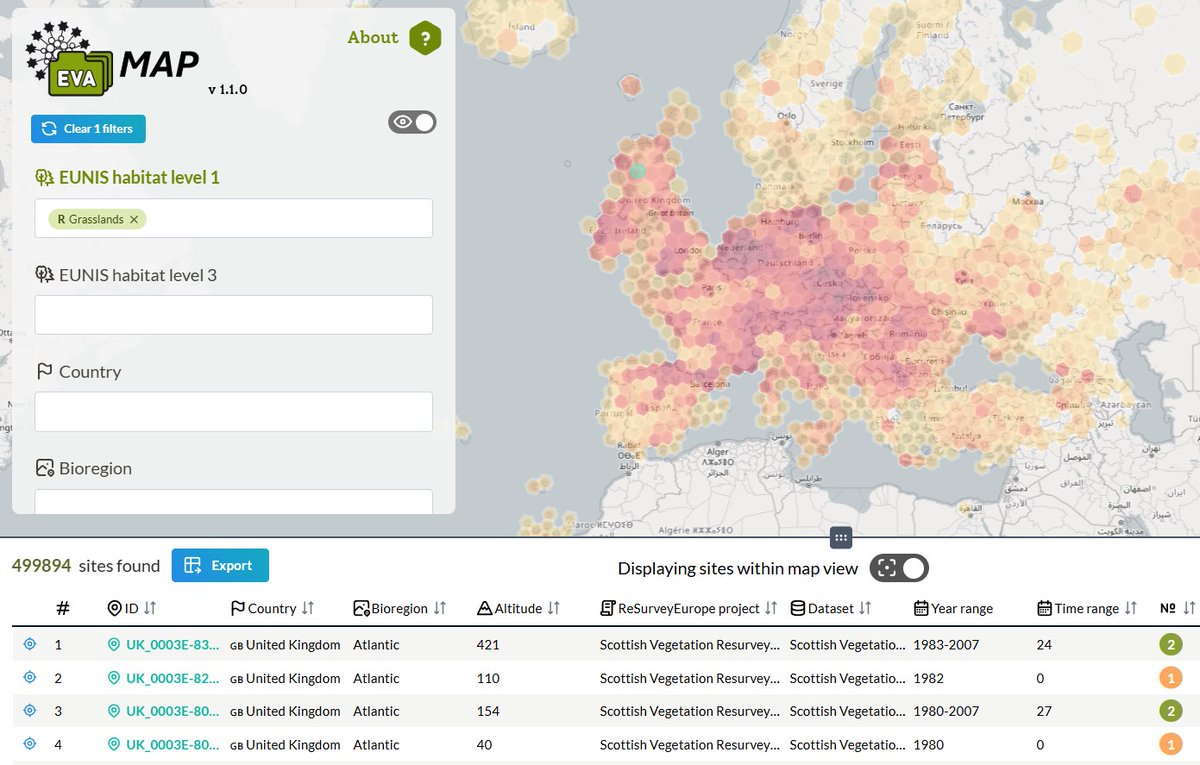 EVA-MAP: EVAMAP.eu 
We have launched a new online map of vegetation plots available in the European Vegetation Archive (EVA) and the ReSurveyEurope database. You can select plots using a filtering form or drawing an area in the map, explore plot metadata and export