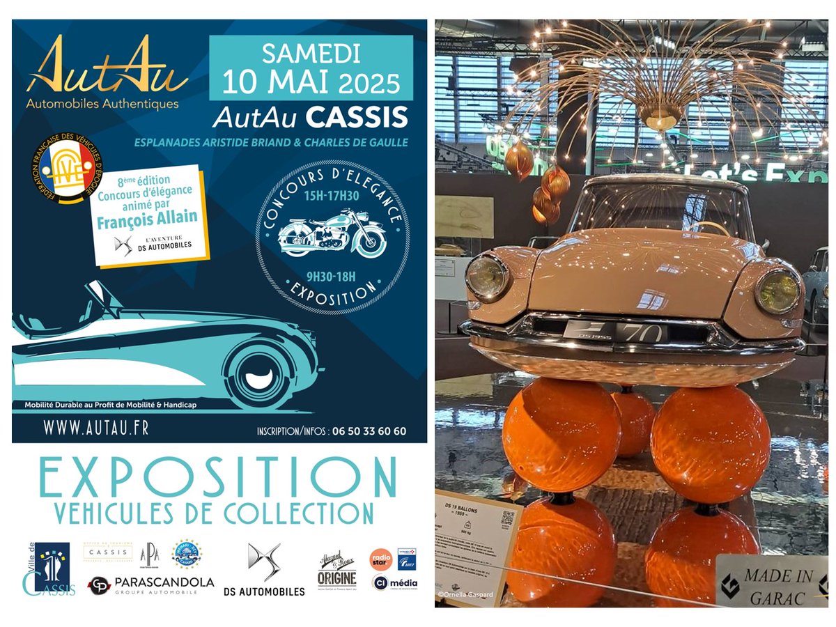 La DS Ballons continue son tour de France ! 🇫🇷
Elle sera ce week-end à Cassis pour la 8ème édition de l'événement #AutAu (Automobiles Authentiques). 
Réalisée par le GARAC pour Rétromobile 2025, la #DSBallons sera exposée auprès de DS N°8 sur le port de Cassis du 09 au 10 mai.