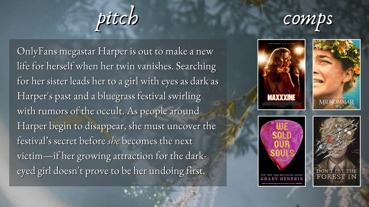 RachelxRussell's tweet image. an #agentsguide to WE FEED THE RIVER, my MaXXXine meets Midsommar adult Midwest folk horror—hitting inboxes this summer!
featuring:
🍂 a bluegrass festival
🍂 cults
🍂 female rage
🍂 a dash of romance
🍂 & a speculative twist ending
#questpit #agentguide