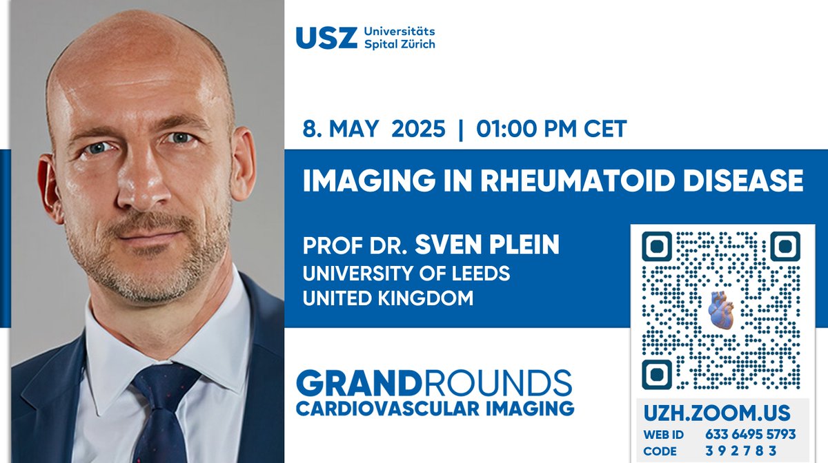 Cardiology USZ (@cardiozurich) on Twitter photo 08. MAY 📅 Prof. @Sven_Plein 🇬🇧 joins us for a rewarding Grand Round about #CVImaging for #RHEUMATOID DISEASE! 🌟Join us on Zoom! usz.ch/en/event/imagi… With Profs. <a href="/rmanka_/">Robert Manka</a> & <a href="/Alkadhi_rad/">Alkadhi</a> at <a href="/Unispital_USZ/">Unispital_USZ</a>!
<a href="/RadiologieUSZ/">Radiologie USZ</a> <a href="/NAjmoneMarsan/">Nina Ajmone Marsan</a> <a href="/imagingmedsci/">imagingmedsci</a> <a href="/lucasabaITA/">Luca Saba</a> 08. MAY 📅 Prof. @Sven_Plein 🇬🇧 joins us for a rewarding Grand Round about #CVImaging for #RHEUMATOID DISEASE! 🌟Join us on Zoom! usz.ch/en/event/imagi… With Profs. <a href="/rmanka_/">Robert Manka</a> & <a href="/Alkadhi_rad/">Alkadhi</a> at <a href="/Unispital_USZ/">Unispital_USZ</a>!
<a href="/RadiologieUSZ/">Radiologie USZ</a> <a href="/NAjmoneMarsan/">Nina Ajmone Marsan</a> <a href="/imagingmedsci/">imagingmedsci</a> <a href="/lucasabaITA/">Luca Saba</a>