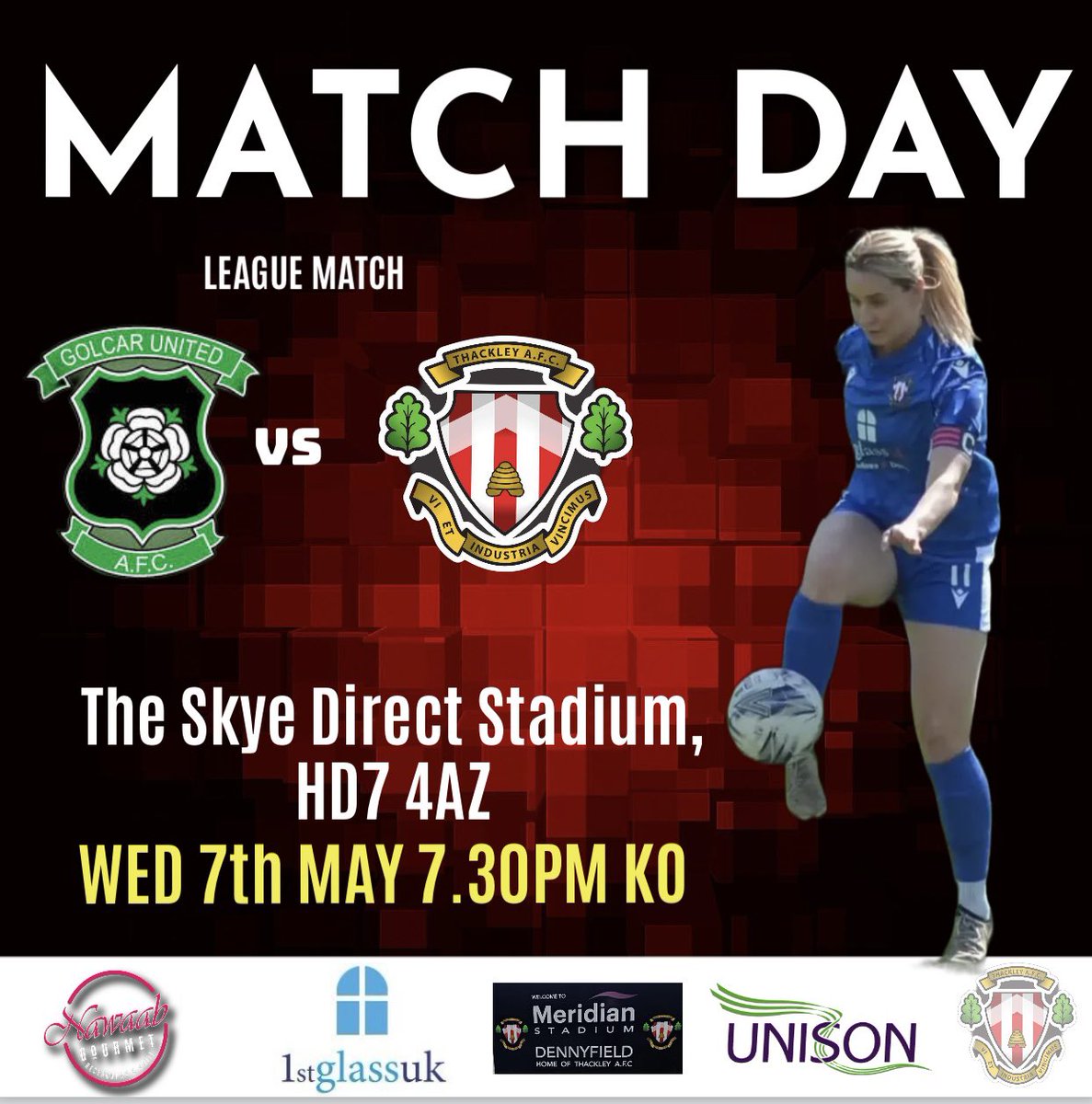 ⚪️🔴 FINAL MATCH DAY OF THE SEASON 🔴⚪️

Join us this evening as we head over &amp; take on Golcar in our final match of the current season ⚽️

What a season it’s been for our Denny Girls… let’s get behind them one last time and cheer them on 🙌🏻

#ThackleyAFCLadies
