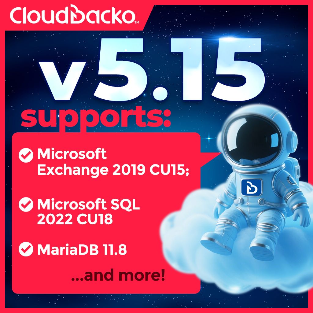 #CloudBacko v5.15 now supports:
1. #Microsoft Exchange 2019 CU15;
2. #Microsoft SQL 2022 CU18;
3. #MariaDB 11.8;
4. #MySQL 9.2;
5. #Debian 12.9 &amp; Debian 12.10;
6. #macOS 15.3 &amp; macOS 15.4 (Sequoia) and more. 
Full release notes: cloudbacko.com/en/download/re…