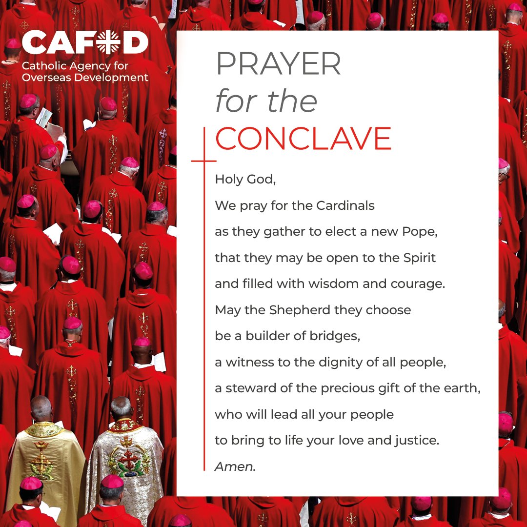 CAFOD's tweet image. As the Cardinals gather in conclave to elect a new Pope, we join the Church in prayer.

🕊️ May the Holy Spirit guide them with wisdom and courage, and may the new pontiff be a shepherd of justice, dignity and peace.