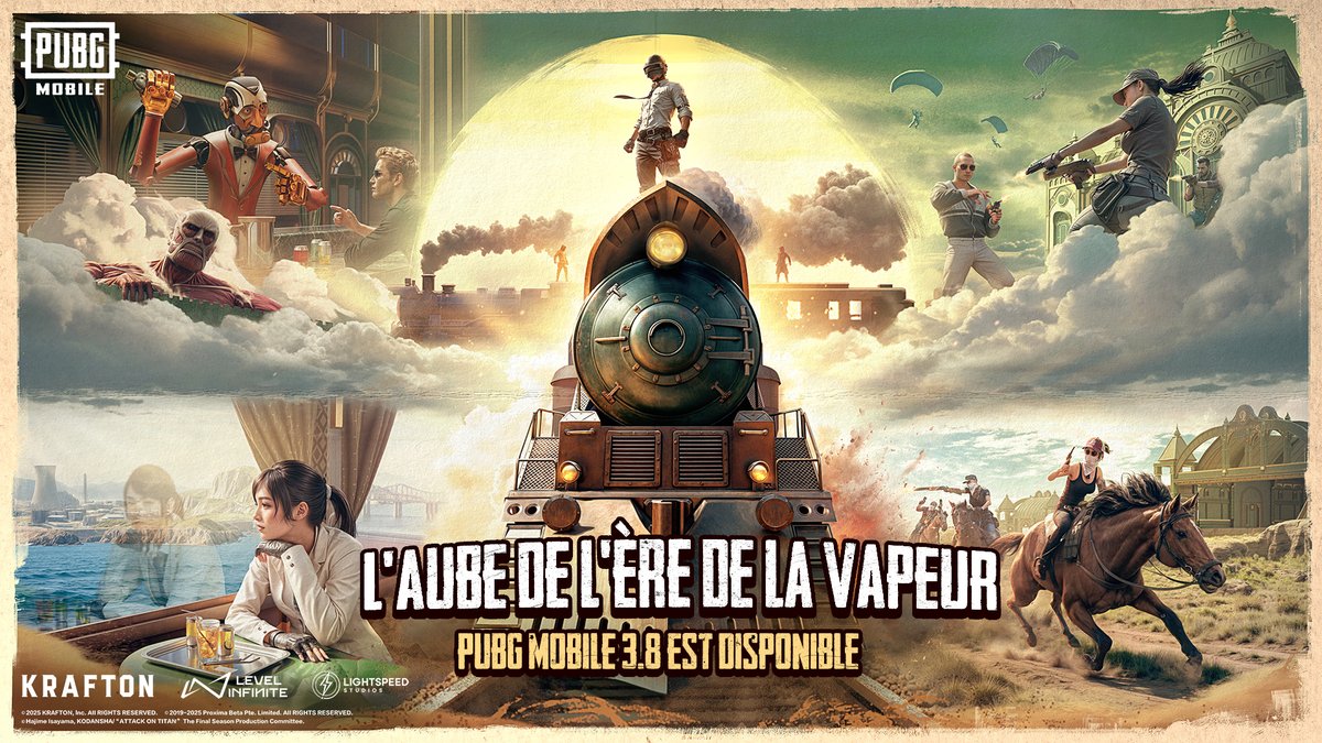 Bienvenue dans Steampunk Frontier ! 

Des nouveautés de gameplay autour des trains ainsi que la collaboration avec l'Attaque des Titans t'attendent dans la Version 3.8 ! 🔥

#PUBGMOBILE
#pubgmfr
#PUBGM380
#PUBGMxAttackOnTitan 
#snk