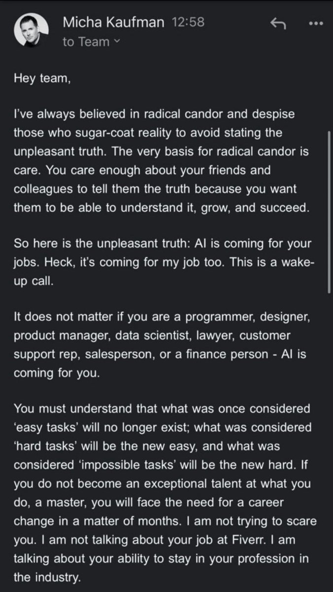 Chubby♨️ (@kimmonismus) on Twitter photo Sorry for posting this again, but we need to share this.
This is as blatant as it gets: AI is going to replace you - and me. 
We need to discuss a new society now, a post labor society as Dave Shaprio rightly says. Sorry for posting this again, but we need to share this.
This is as blatant as it gets: AI is going to replace you - and me. 
We need to discuss a new society now, a post labor society as Dave Shaprio rightly says.