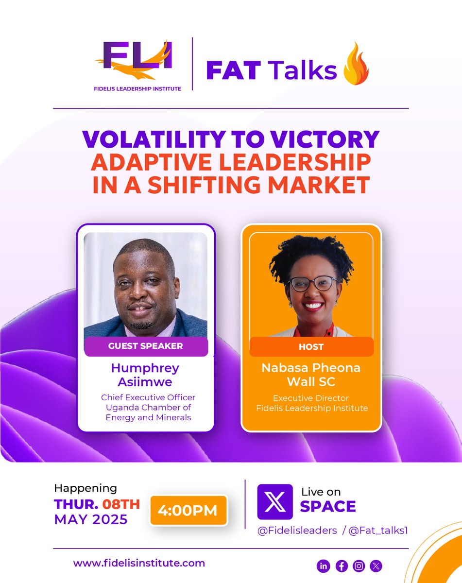 FAT Talks (@fat_talks1) on Twitter photo 🔥 Market shifting fast? Lead faster!
Join FAT Talks with Humphrey Asiimwe CEO, <a href="/UgandaChamber/">Uganda Chamber of Energy & Minerals</a> on Adaptive Leadership in a Shifting Market.
🗓️ May 8 | 🕓 4PM
📍 Live on X Space
🎯x.com/Fat_talks1/sta…
#Leadership #FATTalks <a href="/PheonaWall/">Pheona Wall</a> <a href="/humfas/">Humphrey Asiimwe</a> <a href="/CNOOCUgandaLtd/">CNOOC Uganda Limited</a> <a href="/UNOC_UG/">UNOC</a> 🔥 Market shifting fast? Lead faster!
Join FAT Talks with Humphrey Asiimwe CEO, <a href="/UgandaChamber/">Uganda Chamber of Energy & Minerals</a> on Adaptive Leadership in a Shifting Market.
🗓️ May 8 | 🕓 4PM
📍 Live on X Space
🎯x.com/Fat_talks1/sta…
#Leadership #FATTalks <a href="/PheonaWall/">Pheona Wall</a> <a href="/humfas/">Humphrey Asiimwe</a> <a href="/CNOOCUgandaLtd/">CNOOC Uganda Limited</a> <a href="/UNOC_UG/">UNOC</a>