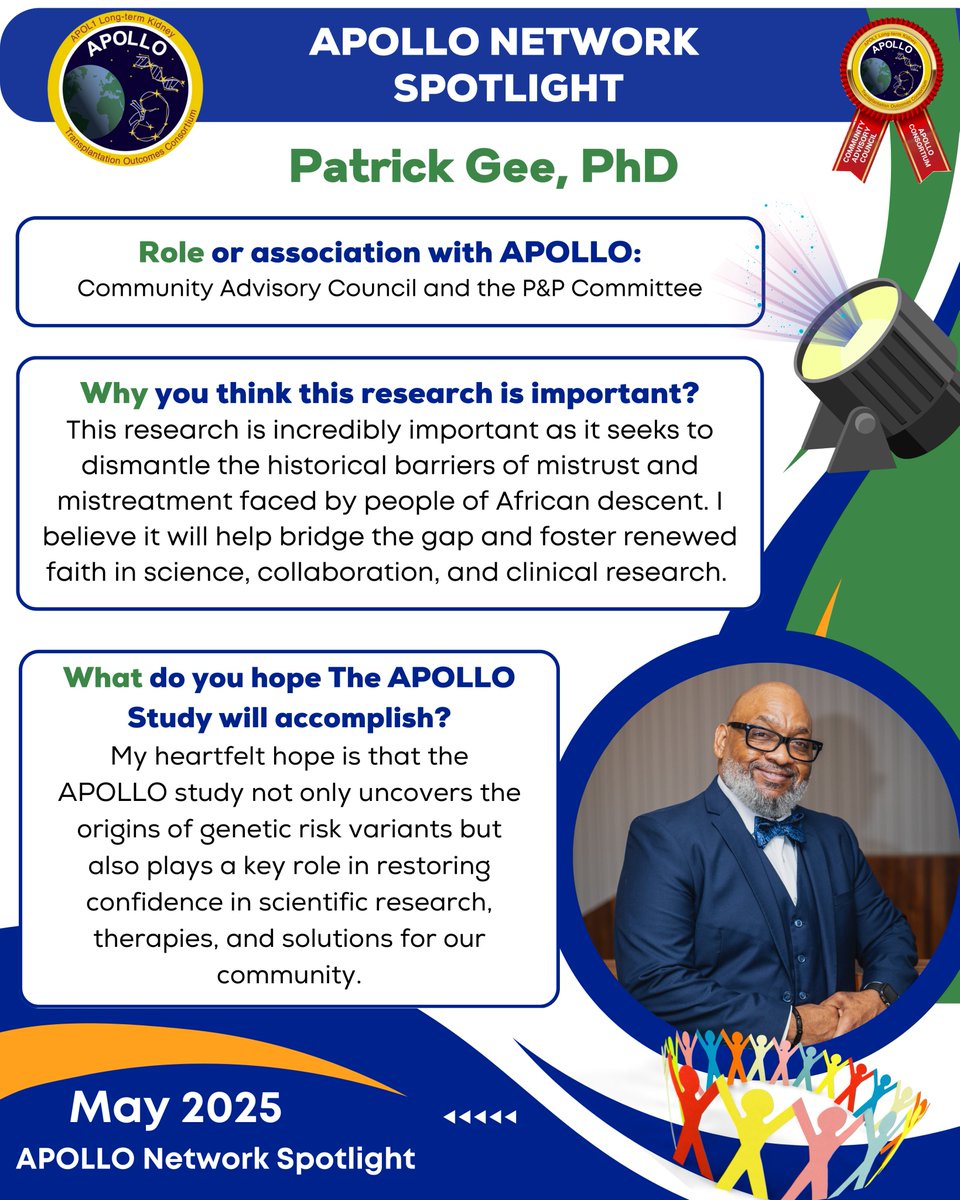 APOLLO_Network13 (@apollonetwork13) on Twitter photo 🌟<a href="/ApolloNetwork13/">APOLLO_Network13</a> #MemberSpotlight, May 2025:
🤲🏽 Proud to recognize <a href="/PGee51/">Patrick O. Gee, Ph.D. JLC</a> for his incredible service on the #CommunityAdvisoryCouncil ➕ Publications & Presentation Cmte.
🔵His work & advocacy helps drive the mission of #APOLLO, w/ lasting impacts on #KidneyTransplation 🧬🏥 🌟<a href="/ApolloNetwork13/">APOLLO_Network13</a> #MemberSpotlight, May 2025:
🤲🏽 Proud to recognize <a href="/PGee51/">Patrick O. Gee, Ph.D. JLC</a> for his incredible service on the #CommunityAdvisoryCouncil ➕ Publications & Presentation Cmte.
🔵His work & advocacy helps drive the mission of #APOLLO, w/ lasting impacts on #KidneyTransplation 🧬🏥