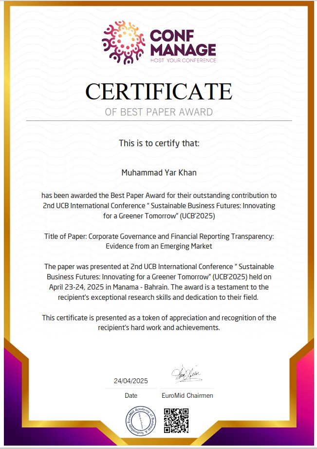 Dr. Muhammad Yar Khan (@yaraneyar) on Twitter photo #Best_Paper_Award!
I had the honour of presenting my research at the #UCB Conference 2025, organised by The University College of Bahrain via confmanage.com, and I’m truly humbled to have received the *Best Paper Award*, *#Alhamdolillah*
<a href="/EffatUniversity/">Effat University</a>
#ECOB
#COMSATS #Best_Paper_Award!
I had the honour of presenting my research at the #UCB Conference 2025, organised by The University College of Bahrain via confmanage.com, and I’m truly humbled to have received the *Best Paper Award*, *#Alhamdolillah*
<a href="/EffatUniversity/">Effat University</a>
#ECOB
#COMSATS