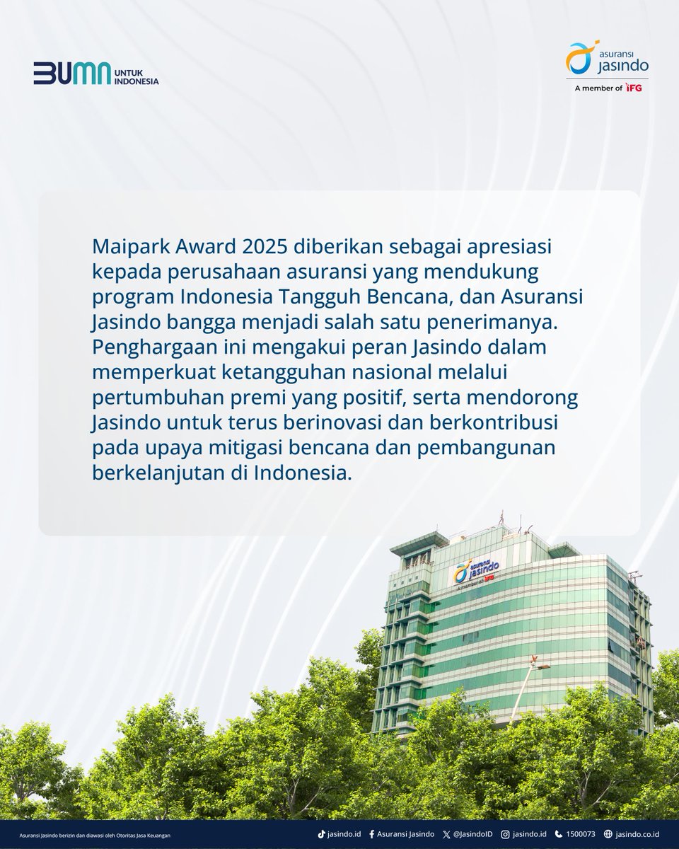 Hai #SobatMindo!

🏆 Asuransi Jasindo kembali menorehkan prestasi!
Kali ini, Jasindo meraih penghargaan pada ajang Maipark Award 2025 untuk kategori Pertumbuhan Premi Sesi Tahun 2024.