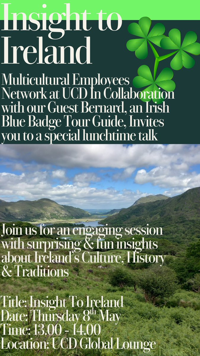 MENU_UCD's tweet image. Tomorrow, Thursday, 8 May, MENU invites you to an engaging presentation on Ireland, its history, culture and traditions, 1-2 pm, UCD Global Lounge. This event is organised by MENU committee member Ulyana O'Neill in association with Ireland's "Blue Badge Tour Guides".