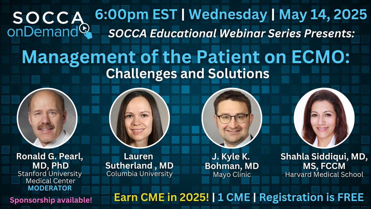 SOCCA’s 2nd Educational Webinar of 2025 is just ONE WEEK AWAY - Wed 5/14 <a href="/6pm/">Follow us @Shop6pm!</a> ET. Claim up to 1.0 CME for attending Management of the Patient on ECMO: Challenges and Solutions, moderated by Ronald G. Pearl, MD, PhD of Stanford University Medical Center. buff.ly/zTcIKH2