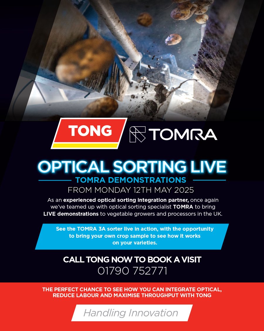 Our Optical Sorting LIVE event returns next week from 12th May💡

See the <a href="/TOMRAFood/">TOMRA Food</a> 3A in action automating soil, stone &amp; clod removal from valuable root crop🥔🧅

☑️ Reduce labour costs
☑️ Boost throughput
☑️ Enhance product quality

Book your demo now: tongengineering.com/latest-news/op…