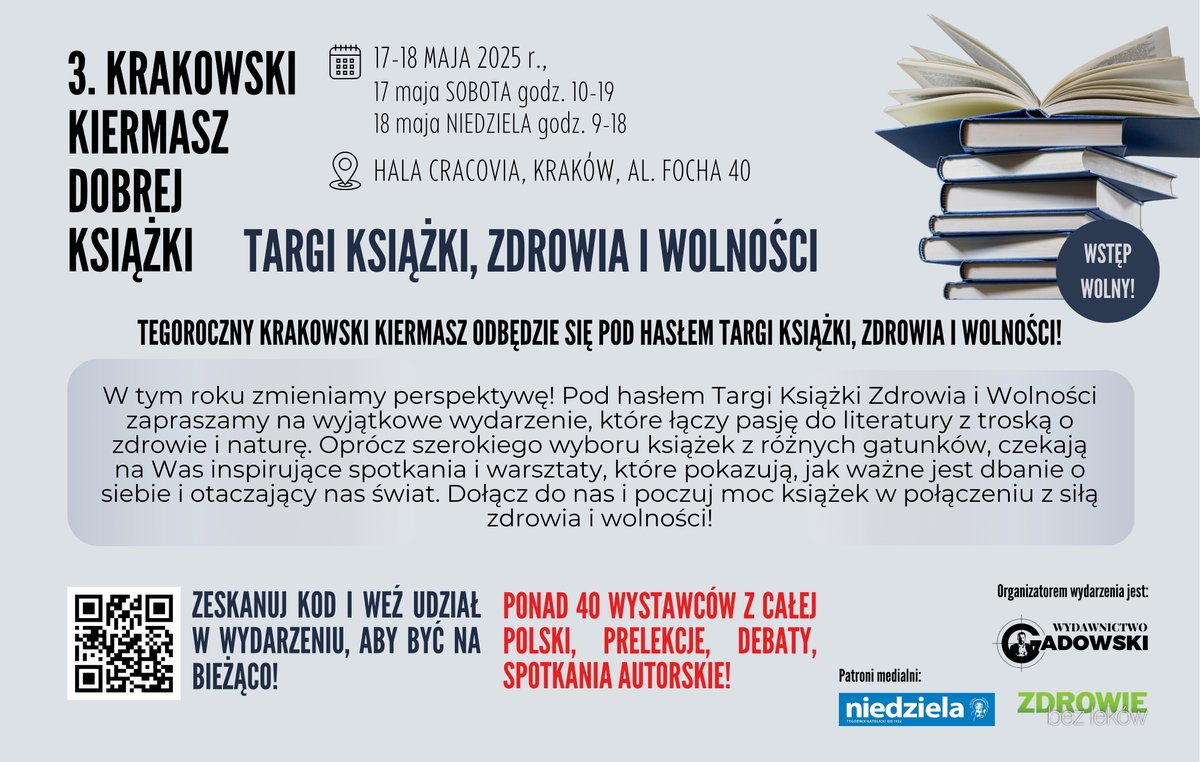 AntoniBaltus's tweet photo. Zaproszenie.
Można być tam, gdzie wolność pachnie drukiem – na Targach Dobrej Książki w Krakowie.
Krzykliwy świat pędzi na oślep. Brakuje chwili, by zatrzymać się między stronami sensu, by spotkać ludzi, którzy nie boją się myśleć, autorów, którzy piszą to, czego inni nie mogą https://t.co/2M2k94lk0j