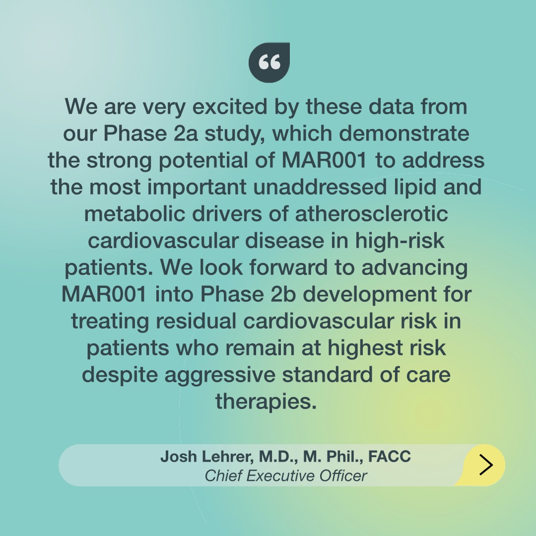 Marea_tx's tweet image. Today, we presented positive data from the Phase 2a clinical trial of MAR001 in a late-breaking oral session at the #EASCongress2025. These data validate the ability of MAR001 to significantly lower remnant cholesterol and triglycerides by inhibiting ANGPTL4. We look forward to…