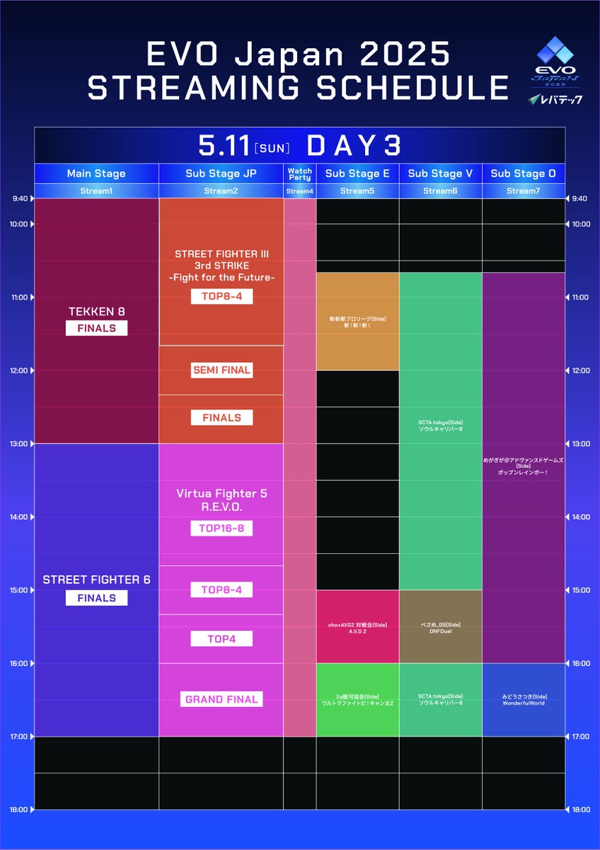 evojapan_info's tweet photo. ※サイドイベント調整につき再投稿🙇🙇🙇
*Re-posted due to additional side events.

#EVOJapan2025 配信スケジュールとチャンネルを公開しました🖥️👀
前代未聞の日本語7ch進行！🧗‍♂️一人でも多く配信台へ上がるんやで……！🐙

Streaming schedule and channels at a glance!🖥️
The English stream will be broadcast on site, let's feel the HYPE!🔥
https://t.co/nt2fahUqfy

🎥ミラー配信も募集中！ガイドラインをご一読ください。
Co-Stream is also welcome! Please read our guidelines and apply before you go live.
https://t.co/5ioNdMFdvE
#EVOJ25