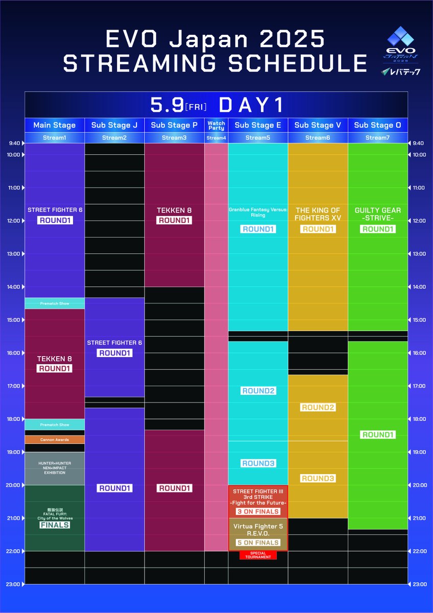 evojapan_info's tweet photo. ※サイドイベント調整につき再投稿🙇🙇🙇
*Re-posted due to additional side events.

#EVOJapan2025 配信スケジュールとチャンネルを公開しました🖥️👀
前代未聞の日本語7ch進行！🧗‍♂️一人でも多く配信台へ上がるんやで……！🐙

Streaming schedule and channels at a glance!🖥️
The English stream will be broadcast on site, let's feel the HYPE!🔥
https://t.co/nt2fahUqfy

🎥ミラー配信も募集中！ガイドラインをご一読ください。
Co-Stream is also welcome! Please read our guidelines and apply before you go live.
https://t.co/5ioNdMFdvE
#EVOJ25