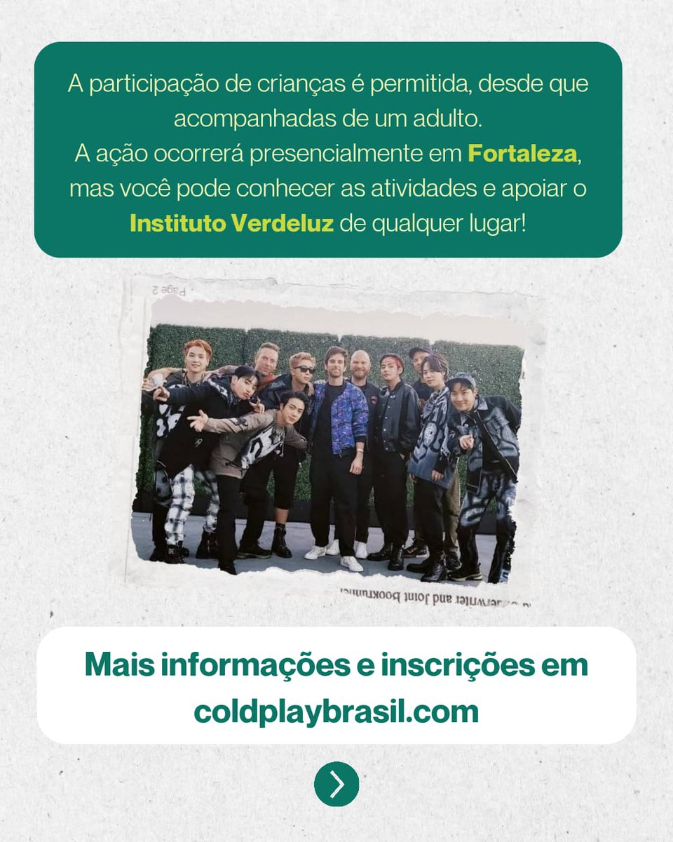 MAP | ONG de Armys (@movimentoarmy) on Twitter photo 🌎 Vem pra mega LIMPEZA DE PRAIA com o <a href="/inst_verdeluz/">Verdeluz •org</a> e <a href="/coldplaybrasil/">Coldplay Brasil</a> no Dia Mundial da Reciclagem! ♻️
📍 Praia do Futuro, Fortaleza-CE
🗓 17/05, 8h
✅ Inscrições: link na bio do Verdeluz ou coldplaybrasil.com
Apoio: <a href="/ARMYHERO_/">ARMY HERO⁷</a> <a href="/BTSxBRAZIL/">BTS ⟭⟬ BRASIL⁷</a> <a href="/UniaoBTSArmy/">União BTS Army 7=1 🐙💜🌌</a> <a href="/ARMY_HTP/">Army Help The Planet</a> 🌎 Vem pra mega LIMPEZA DE PRAIA com o <a href="/inst_verdeluz/">Verdeluz •org</a> e <a href="/coldplaybrasil/">Coldplay Brasil</a> no Dia Mundial da Reciclagem! ♻️
📍 Praia do Futuro, Fortaleza-CE
🗓 17/05, 8h
✅ Inscrições: link na bio do Verdeluz ou coldplaybrasil.com
Apoio: <a href="/ARMYHERO_/">ARMY HERO⁷</a> <a href="/BTSxBRAZIL/">BTS ⟭⟬ BRASIL⁷</a> <a href="/UniaoBTSArmy/">União BTS Army 7=1 🐙💜🌌</a> <a href="/ARMY_HTP/">Army Help The Planet</a>
