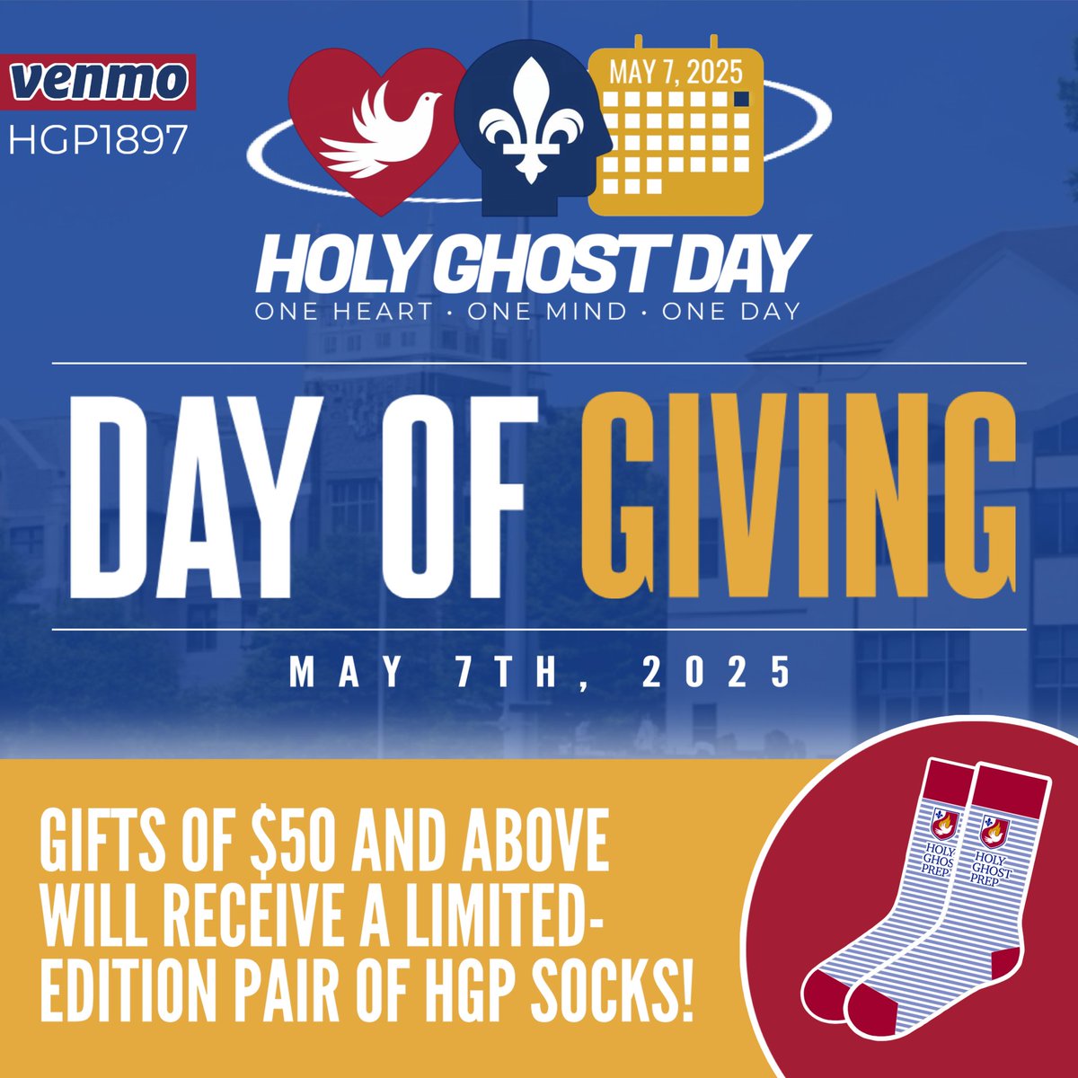 HolyGhostPrep's tweet image. Today is Holy Ghost Day! Tune-in all day long to the HGP Facebook, Instagram and YouTube pages for live performances, interviews, special announcements and updates. With a gift of $50 or more, you will receive a limited edition pair of HGP socks! holyghostprep.org/hgd