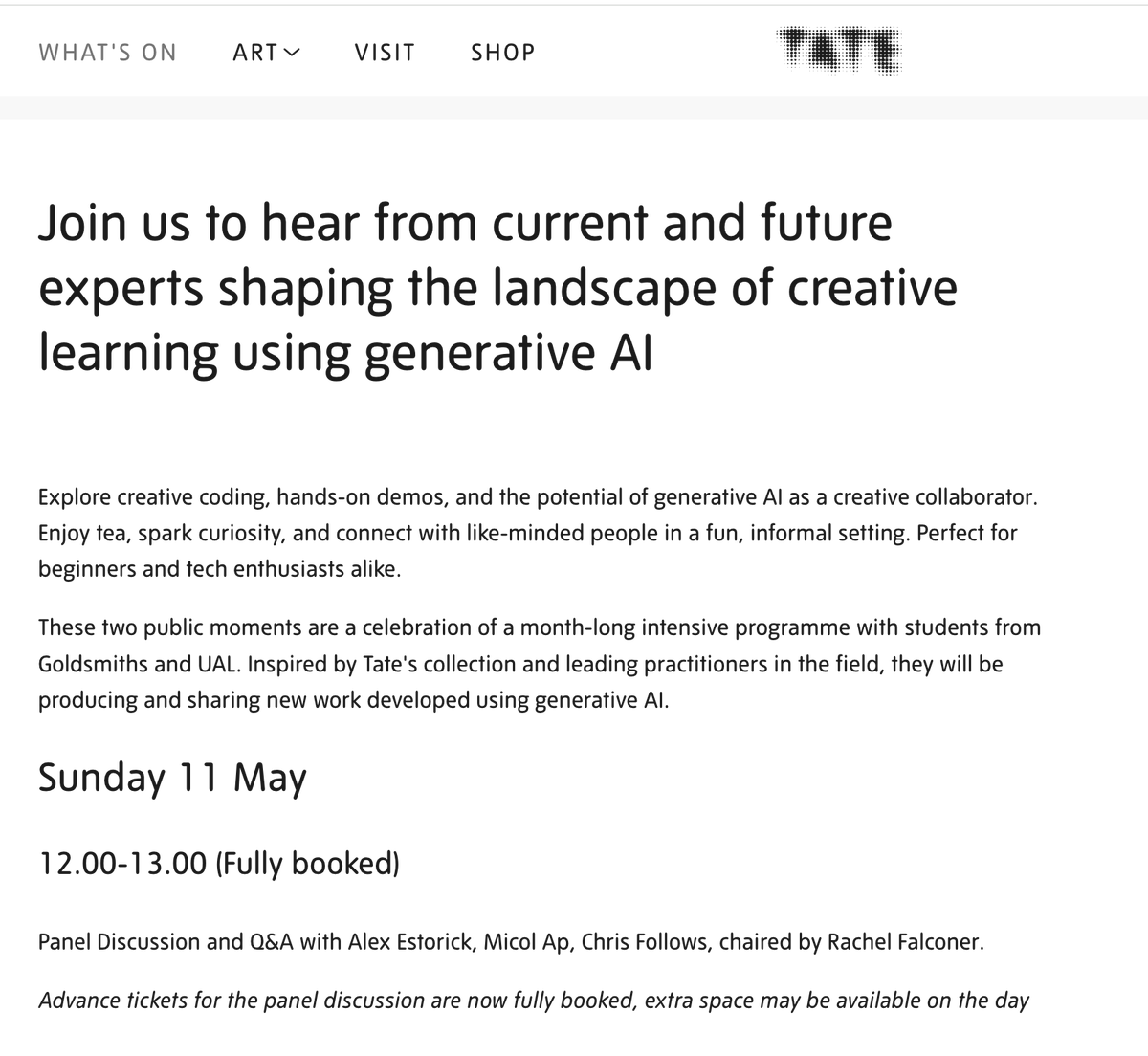 very much looking forward to speaking at the <a href="/Tate/">Tate</a> this Sunday with <a href="/AlexEstorick/">AXEL</a>, <a href="/nftaverse/">Chris Follows</a> and Rachel Falconer 
celebrating 25 years of Tate London 🫰

it's currently booked out but some some additional free tickets will be released later today via link below :))