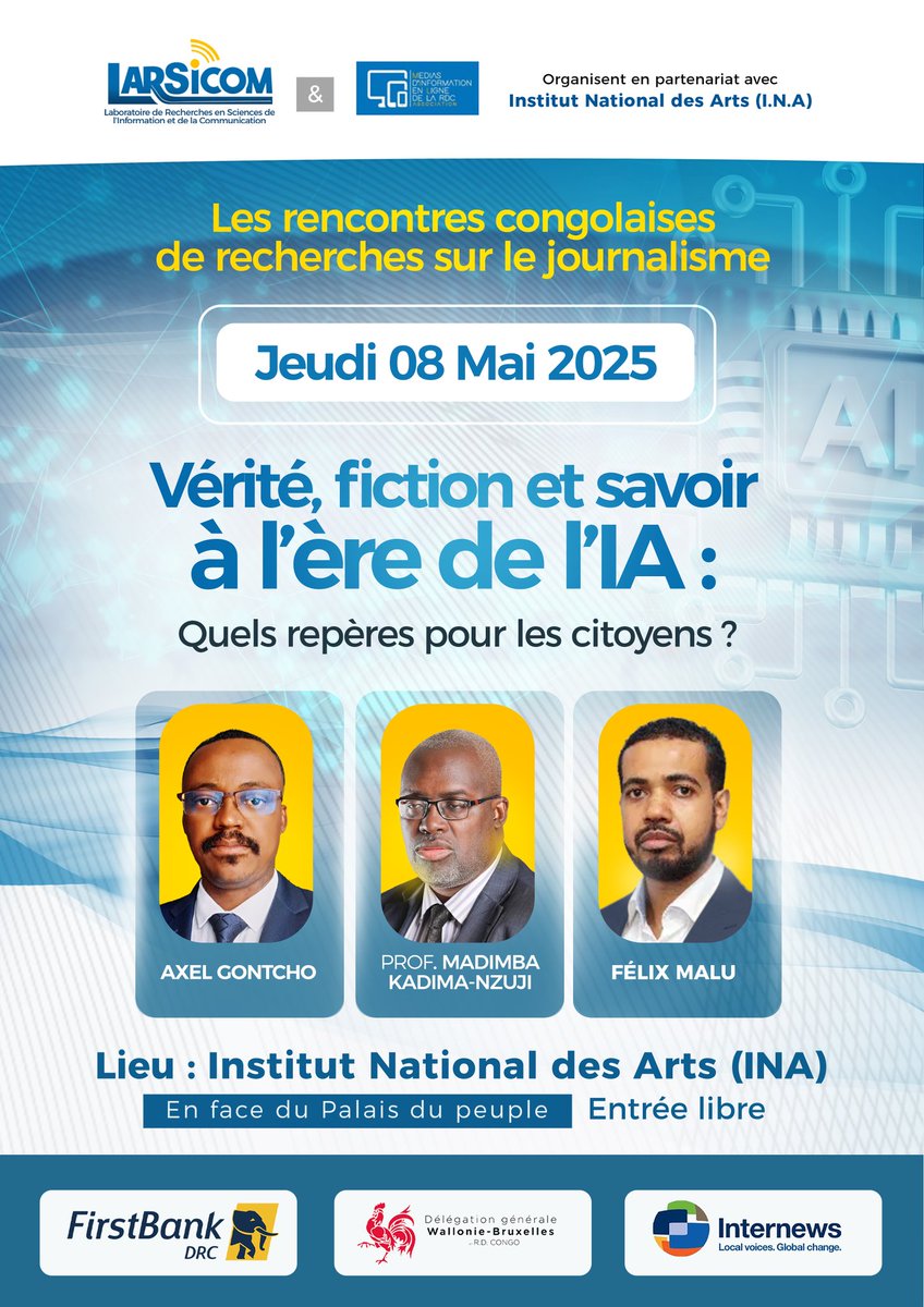 KADIMA-NZUJI Madimba, PhD (@madikadima) on Twitter photo Rendez-vous à l'INA (salle multimedia) ce jeudi 8 mai à 14h55 pour parler d'intelligence artificielle et créativité.
Entrée libre et gratuite.
<a href="/PNSANA/">Pierre N'sana Bitentu</a> <a href="/Larsicomrdcongo/">Larsicom 🇨🇩</a> <a href="/MauriceKiala/">Maurice Kiala</a> <a href="/AmbassadorIleka/">Atoki Ileka</a> <a href="/AlainDJATE/">Alain DJATE</a> <a href="/fredfougerat/">Frédéric Fougerat</a> <a href="/AllegraFosh2/">ALLEGRA FOSH NGALULA 💎🇨🇩🇨🇩</a> <a href="/Vodacomcongo/">Vodacom RDC</a> <a href="/FirstBankDRC/">FirstBank DRC</a> Rendez-vous à l'INA (salle multimedia) ce jeudi 8 mai à 14h55 pour parler d'intelligence artificielle et créativité.
Entrée libre et gratuite.
<a href="/PNSANA/">Pierre N'sana Bitentu</a> <a href="/Larsicomrdcongo/">Larsicom 🇨🇩</a> <a href="/MauriceKiala/">Maurice Kiala</a> <a href="/AmbassadorIleka/">Atoki Ileka</a> <a href="/AlainDJATE/">Alain DJATE</a> <a href="/fredfougerat/">Frédéric Fougerat</a> <a href="/AllegraFosh2/">ALLEGRA FOSH NGALULA 💎🇨🇩🇨🇩</a> <a href="/Vodacomcongo/">Vodacom RDC</a> <a href="/FirstBankDRC/">FirstBank DRC</a>
