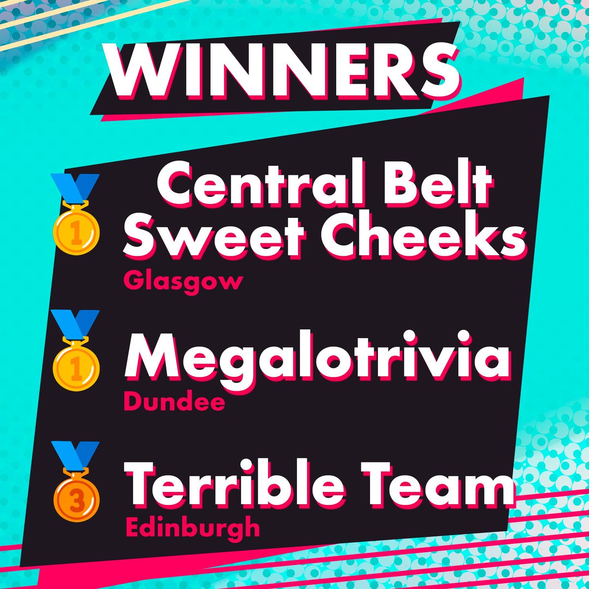 HubworldScot's tweet image. #HUBQUIZ WINNERS ANNOUNCED!
We had over 85+ competitors battle it out this week... and it ended on a tie! (Also Glasgows first ever win!)
🥇 Central Belt Sweet Cheeks
🥇 Megalotrivia
🥉 Terrible Team
Congrats to all our winners and to everyone who took part in the quiz !