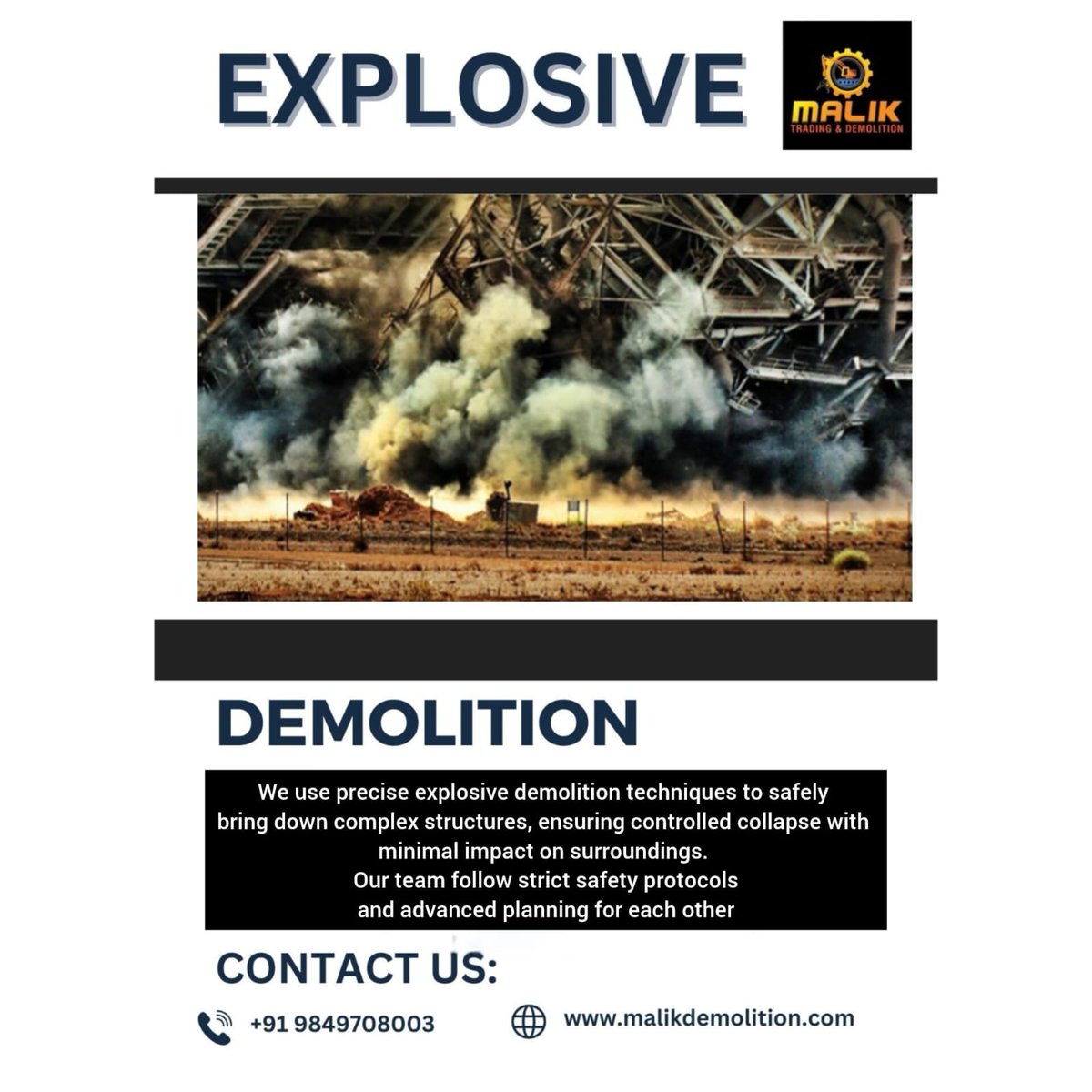 MalikDemoli96's tweet image. Explosive demolition uses controlled detonations to bring down structures, typically large buildings or high-rise towers, in a precise and safe manner.#ExplosiveDemolition
#ControlledImplosion
#DemolitionEngineering
#BuildingImplosion
#StructuralDemolition