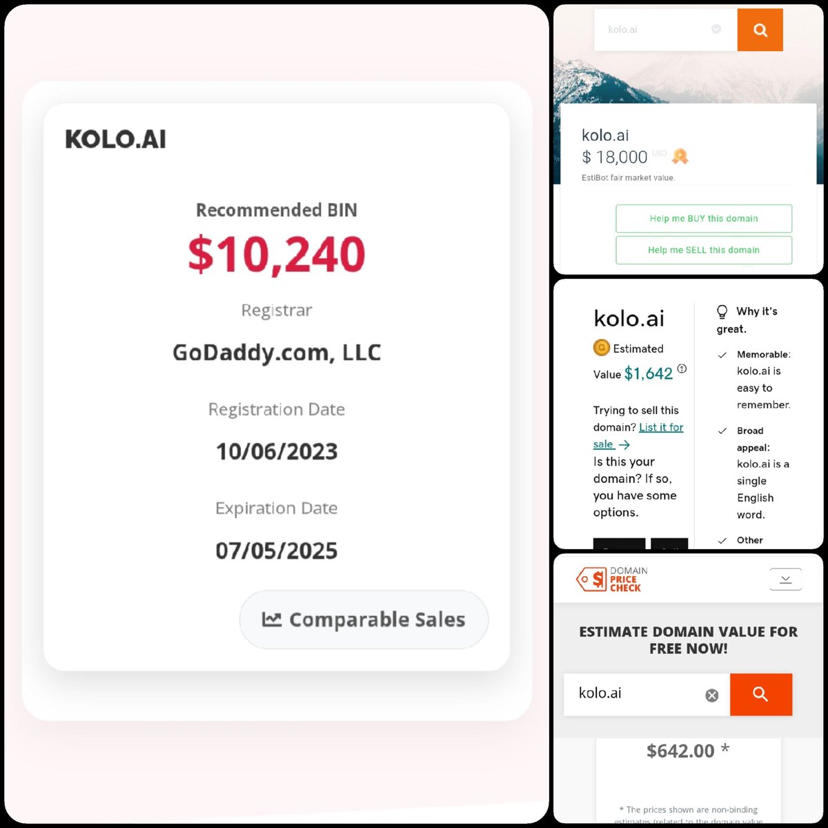 🤖 KOLO .ai

💰 Sold Price : $12,000

✔ DNRater Recommended BIN : $10,240
✔ Estibot Valuation : $18,000
✔ Godaddy Estimation : $1,642
✔ InternetX Appraisal : $642

📌 Venue : <a href="/afternic/">Afternic</a> 
📆 2025-05-03