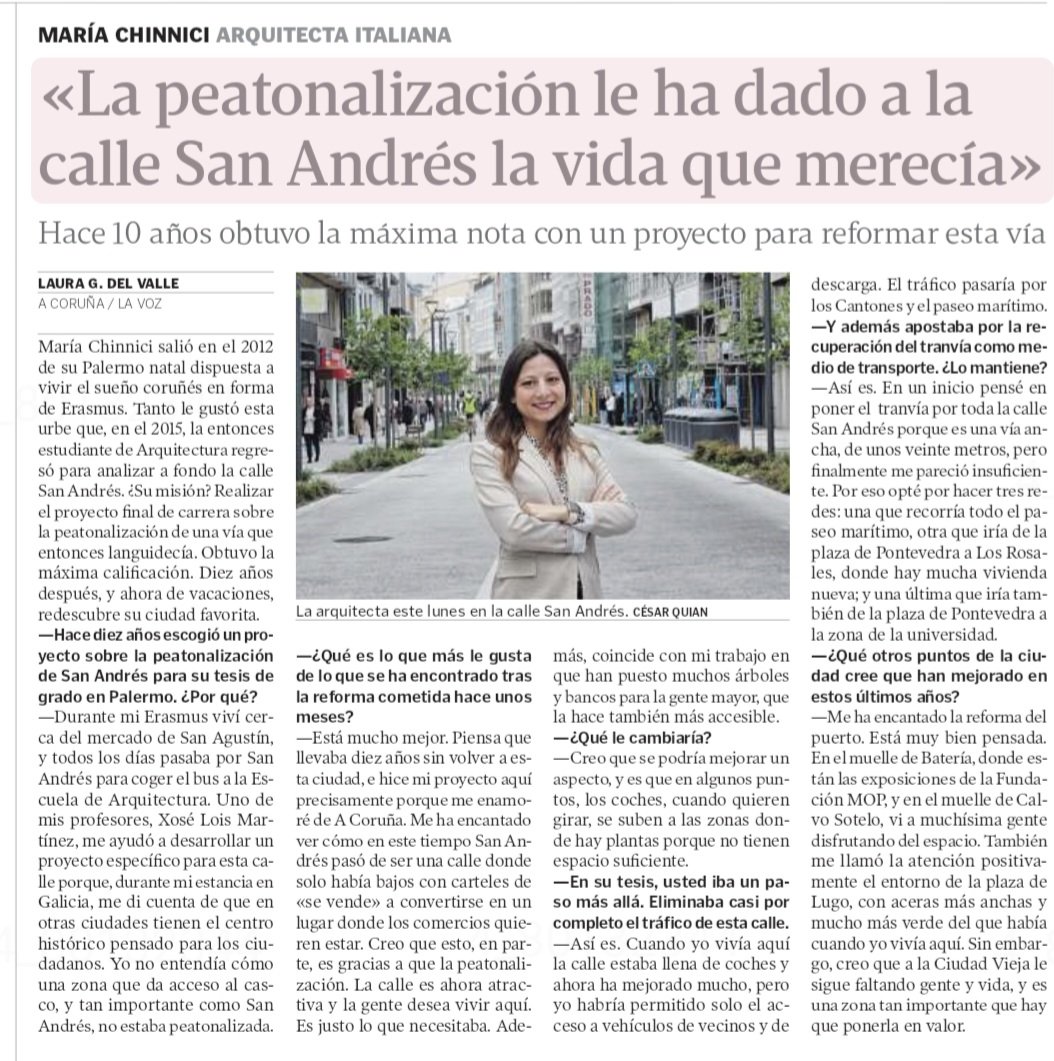 Arquitecta italiana que en 2015 traballou sobre a cidade destaca os grandes avances rexistrados nunha década (en realidade en seis anos, entre 2015 e 2019 a Marea fixo un total de NADA). #Coruña <a href="/inesreygarcia/">Inés Rey</a>